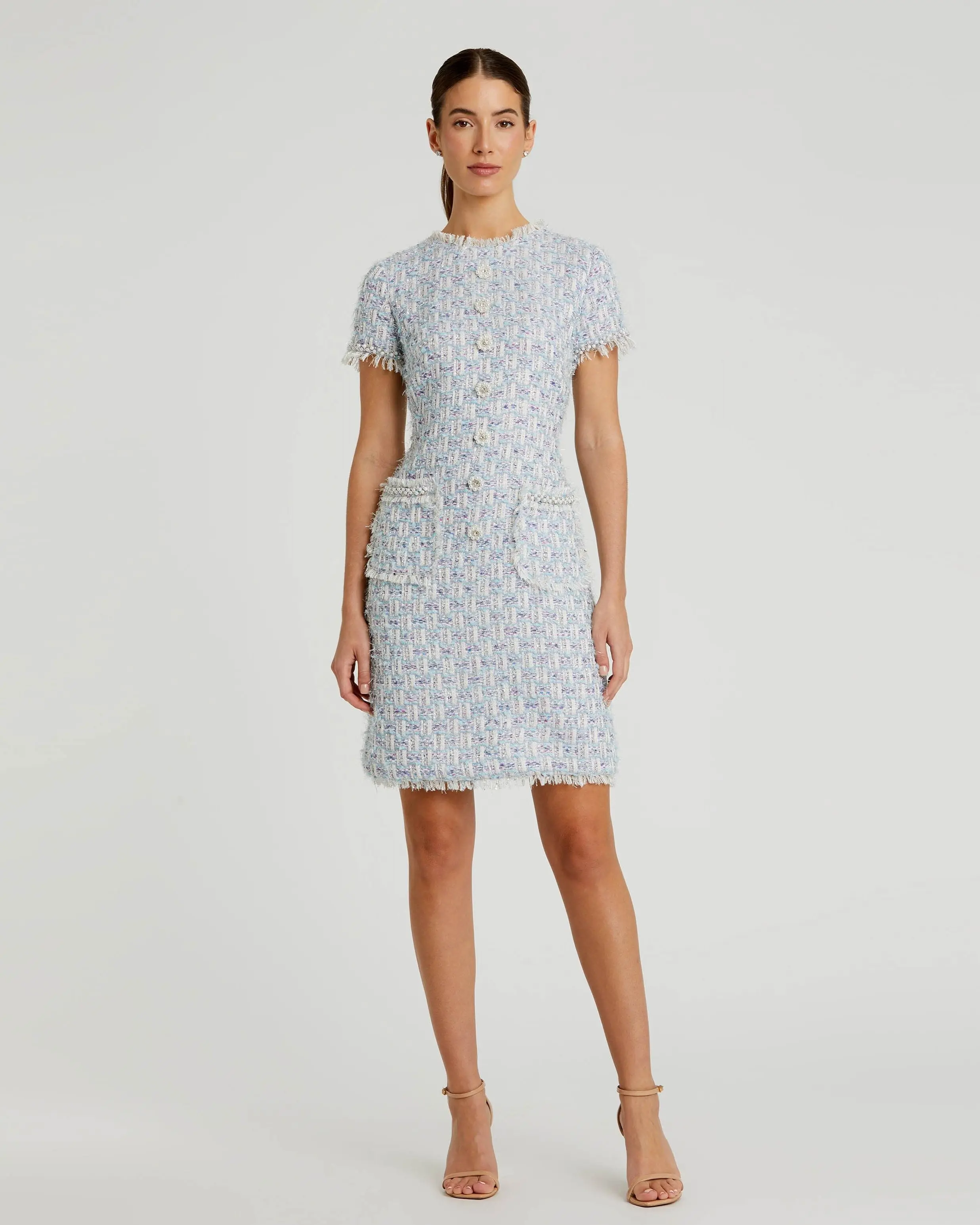 Blue Cap Sleeve Floral Button Detail Shift Dress
