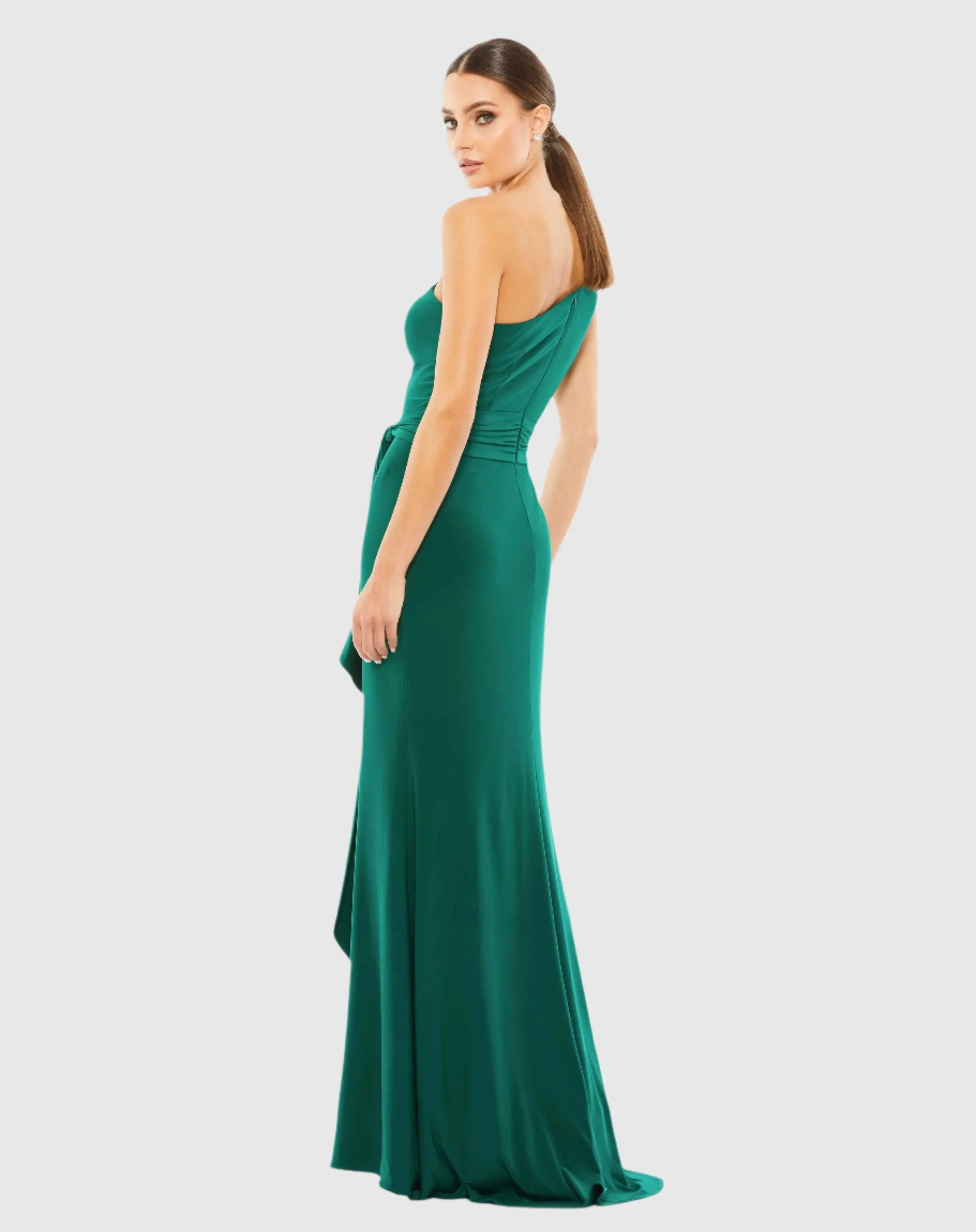 Green Jersey One Shoulder Belted Trumpet Gown