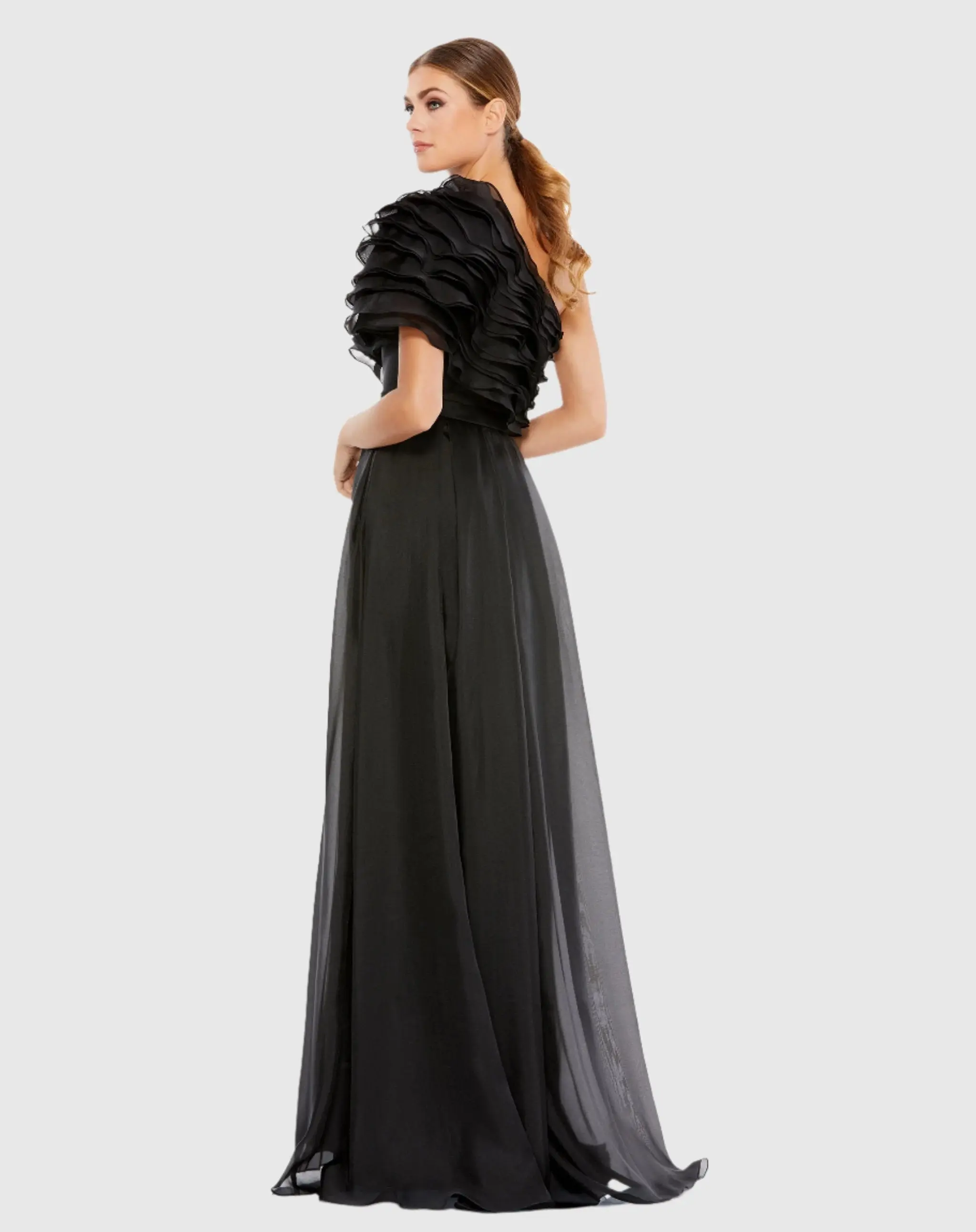 Black Ruffle Layered One Shoulder Gown