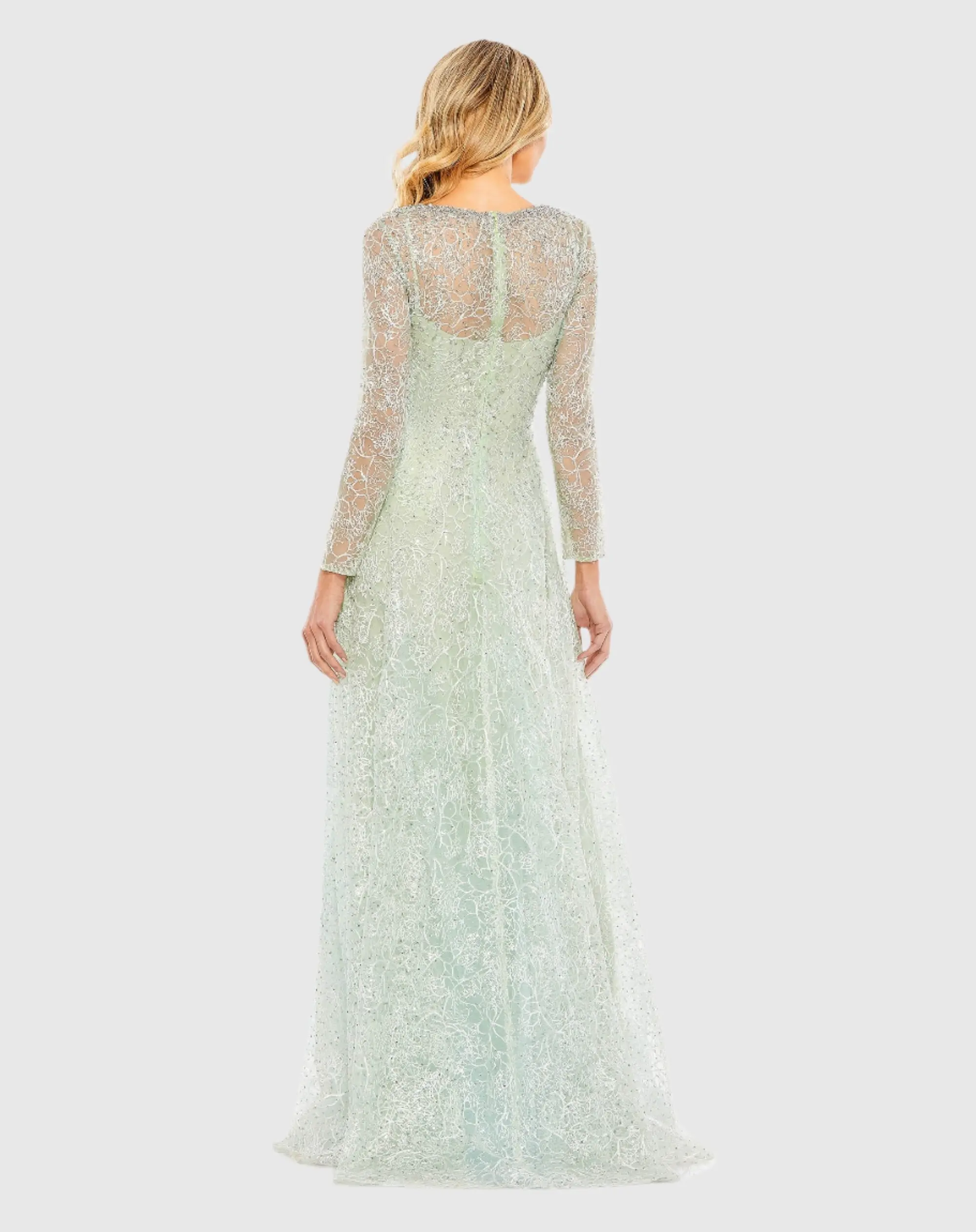 Green Crystal Embellished Long Sleeve V Neck Gown