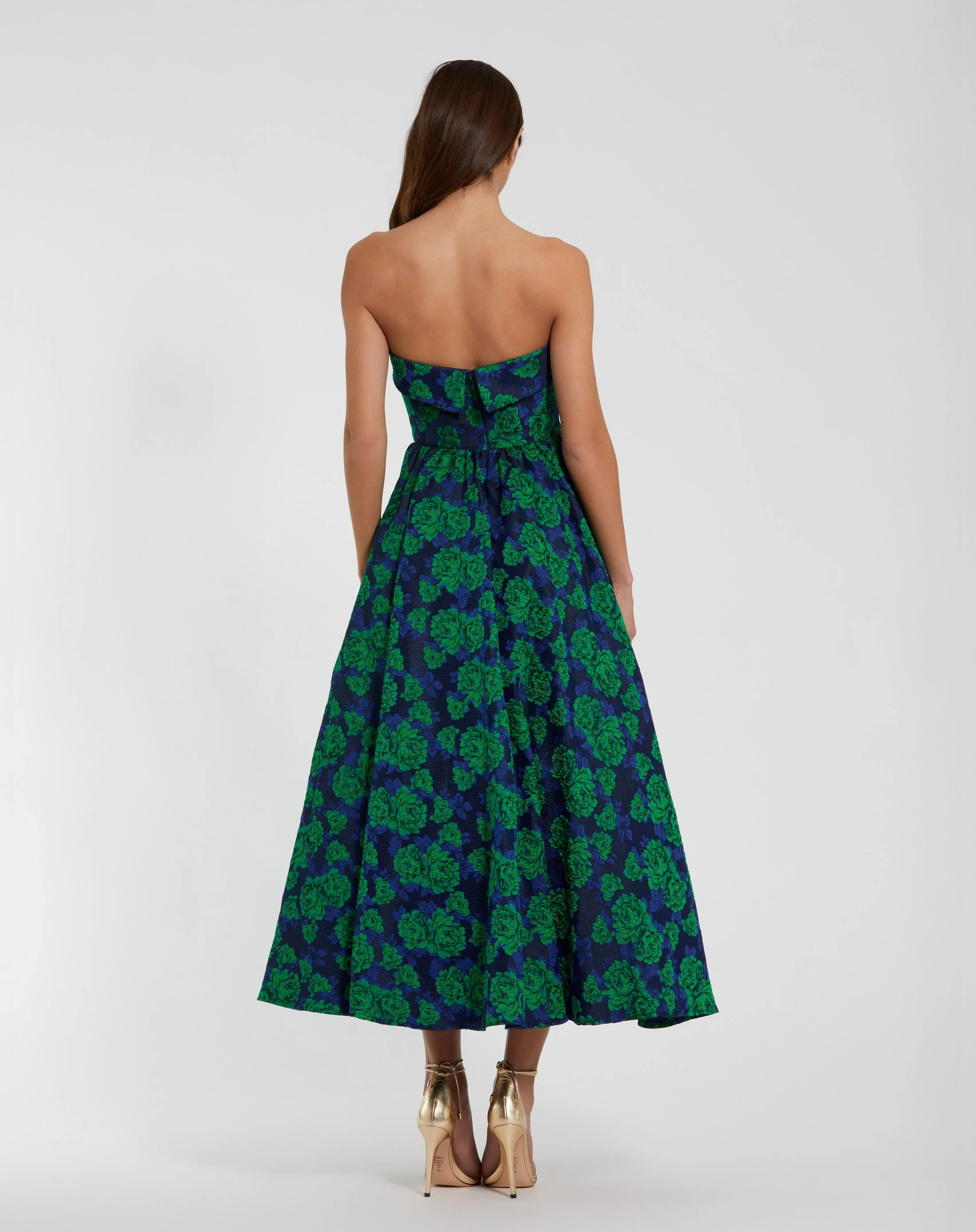 Blue and Green Brocade Strapless A Line Midi Dress