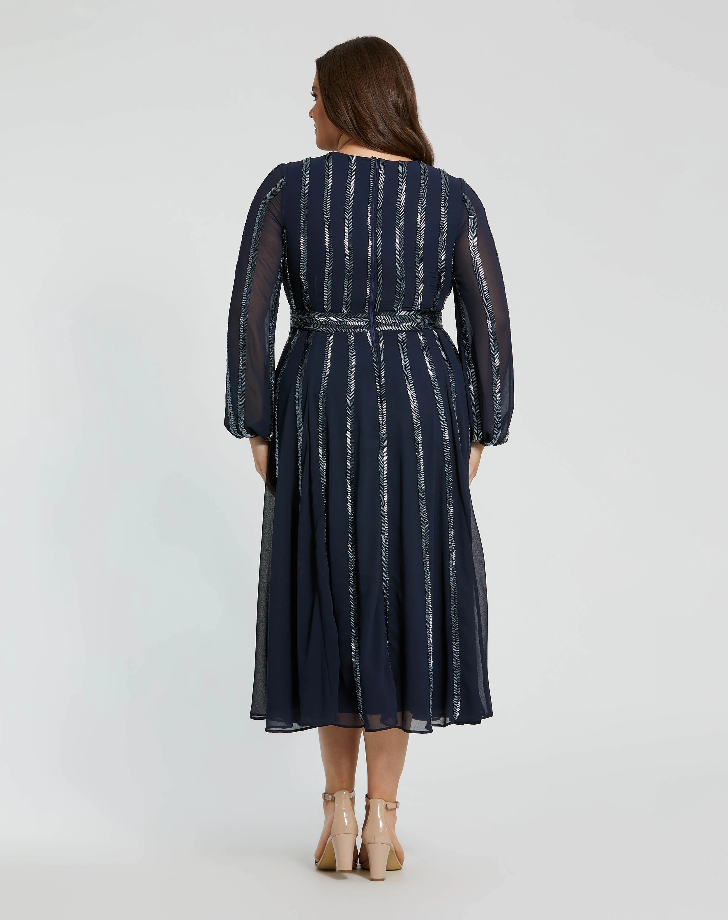 Navy Long Sheer Sleeve Sequin Dress