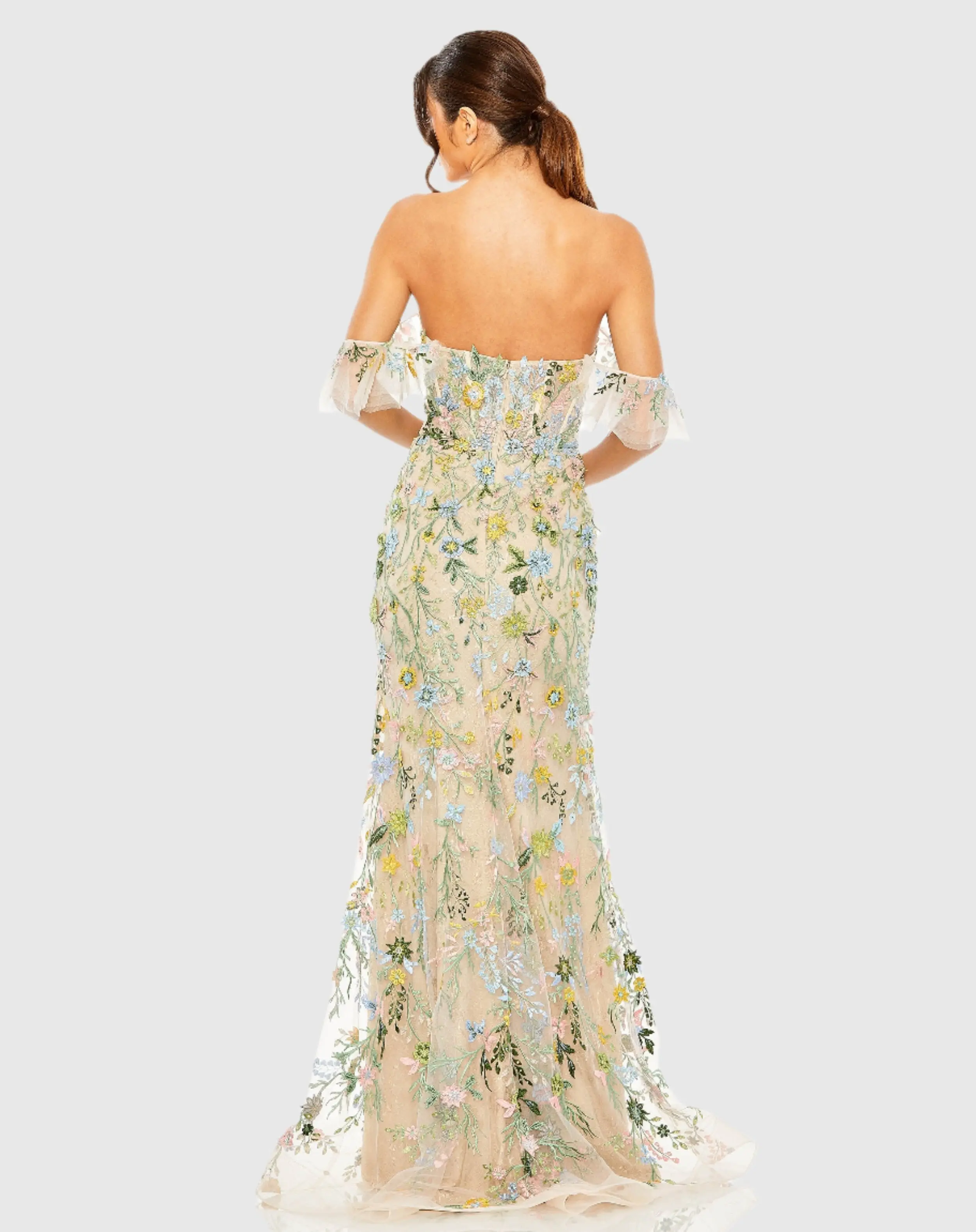 Beige Sweetheart Flutter Sleeve Floral Gown
