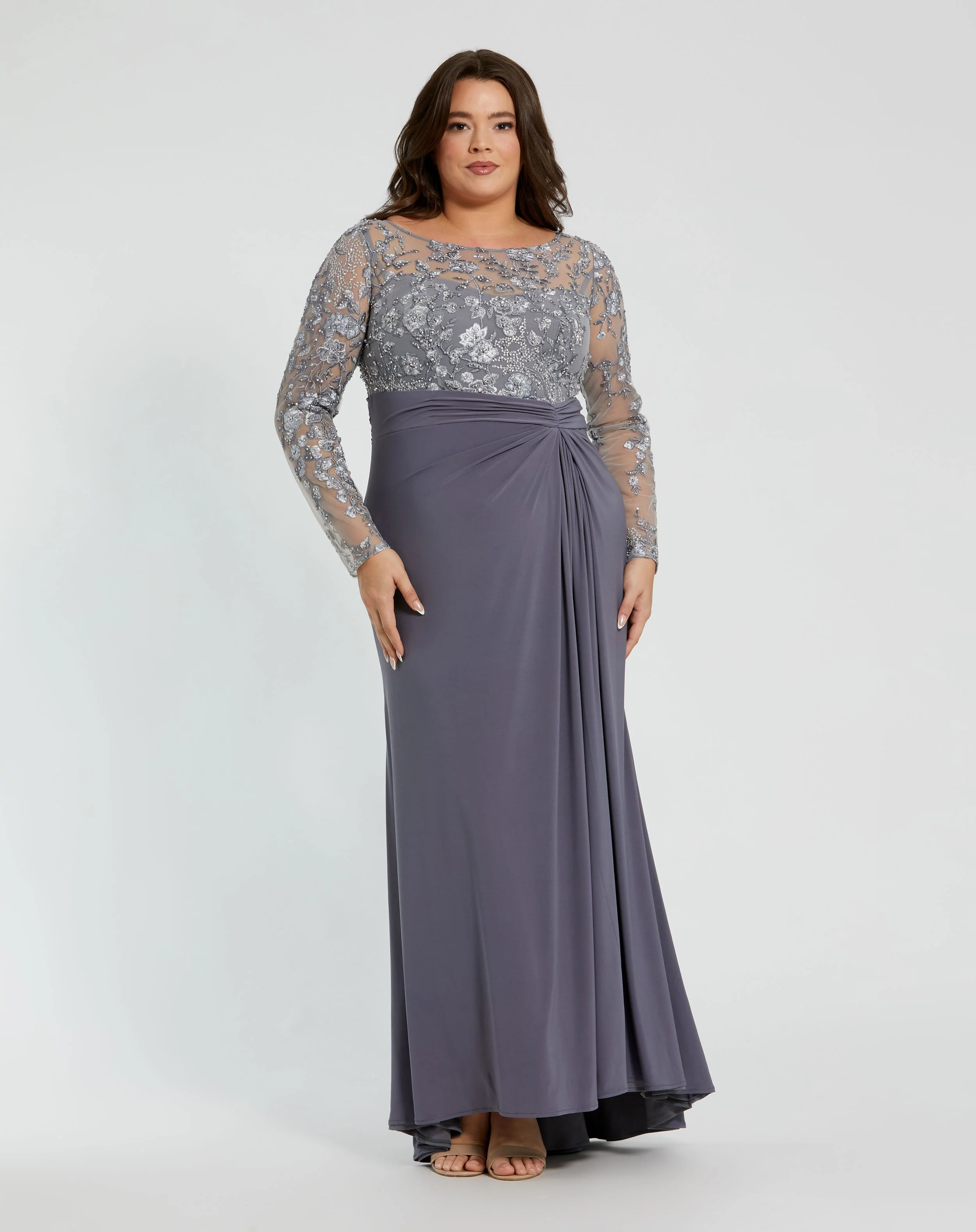 Gray Embroidered Top Jersey Skirt Gown