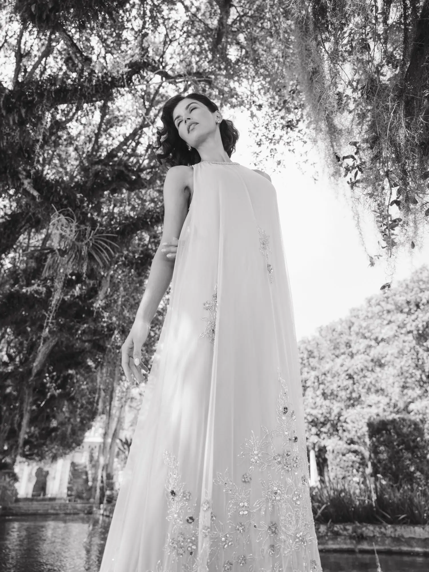 Beige High Neck Floral Embellished Trapeze Gown