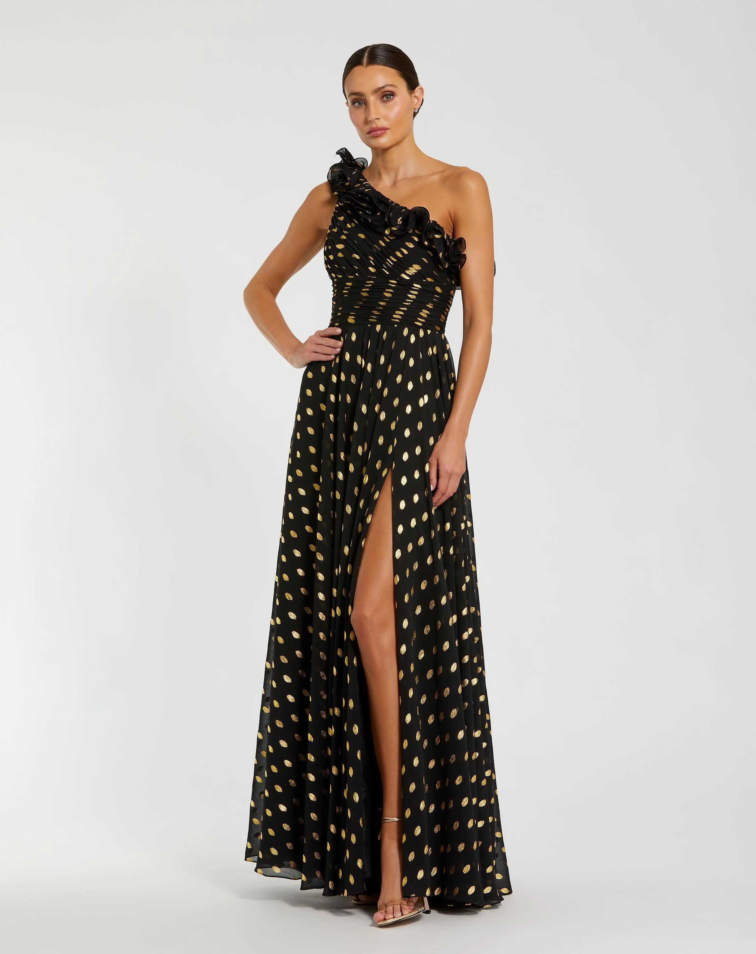 Black One Shoulder Ruffle Chiffon Gown With Slit