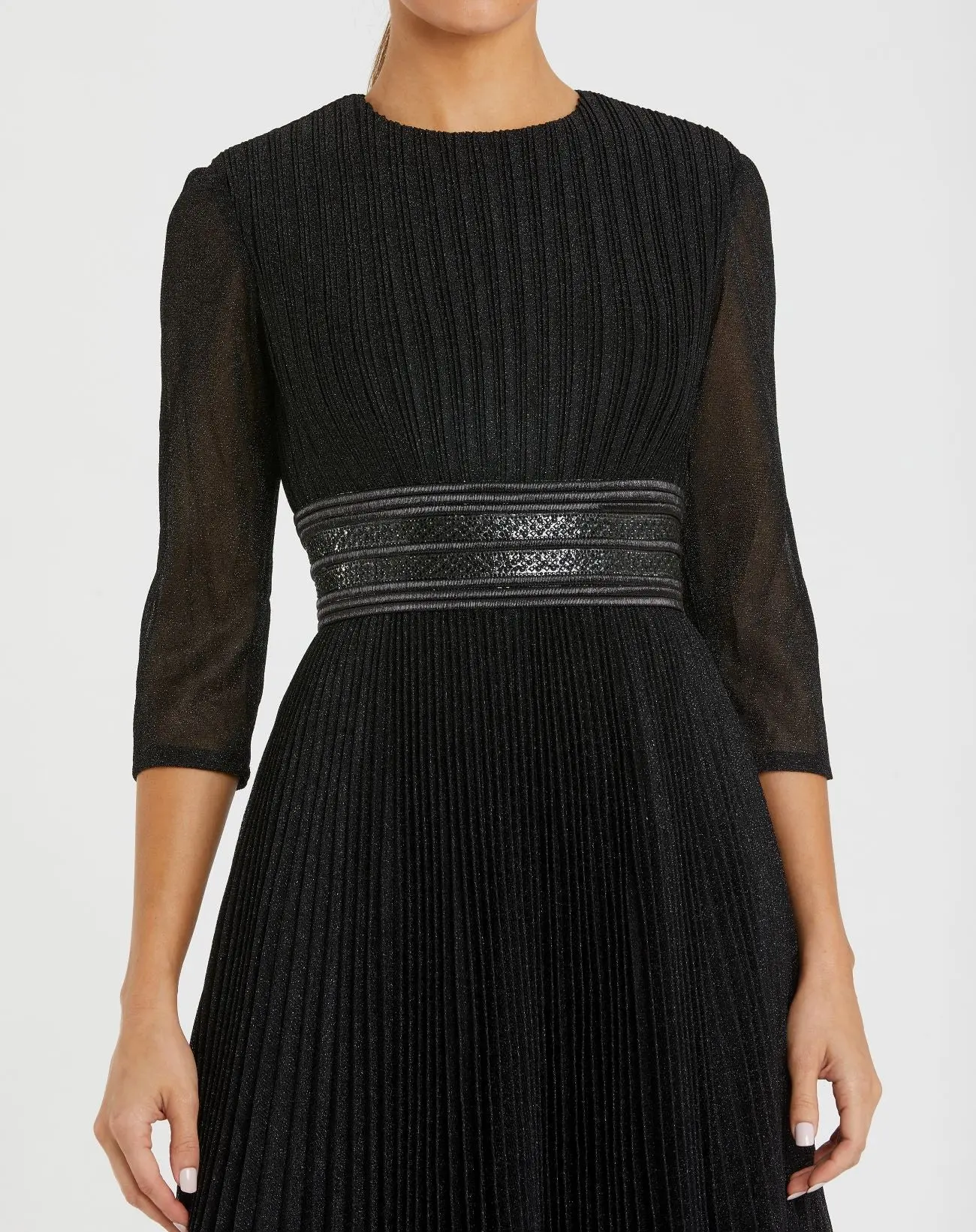 Black Shimmering 3/4 Sleeve A-Line Midi Dress