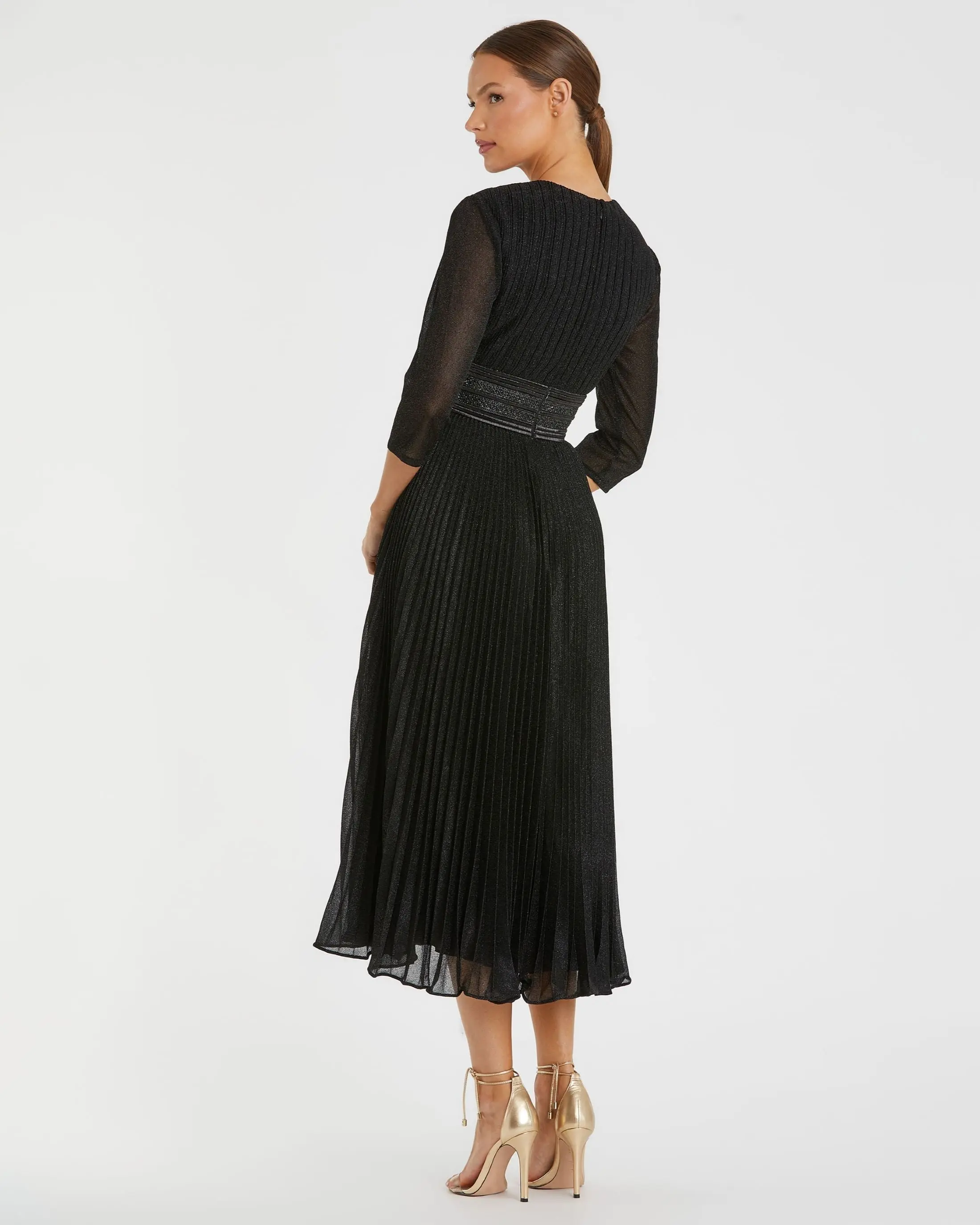 Black Shimmering 3/4 Sleeve A-Line Midi Dress