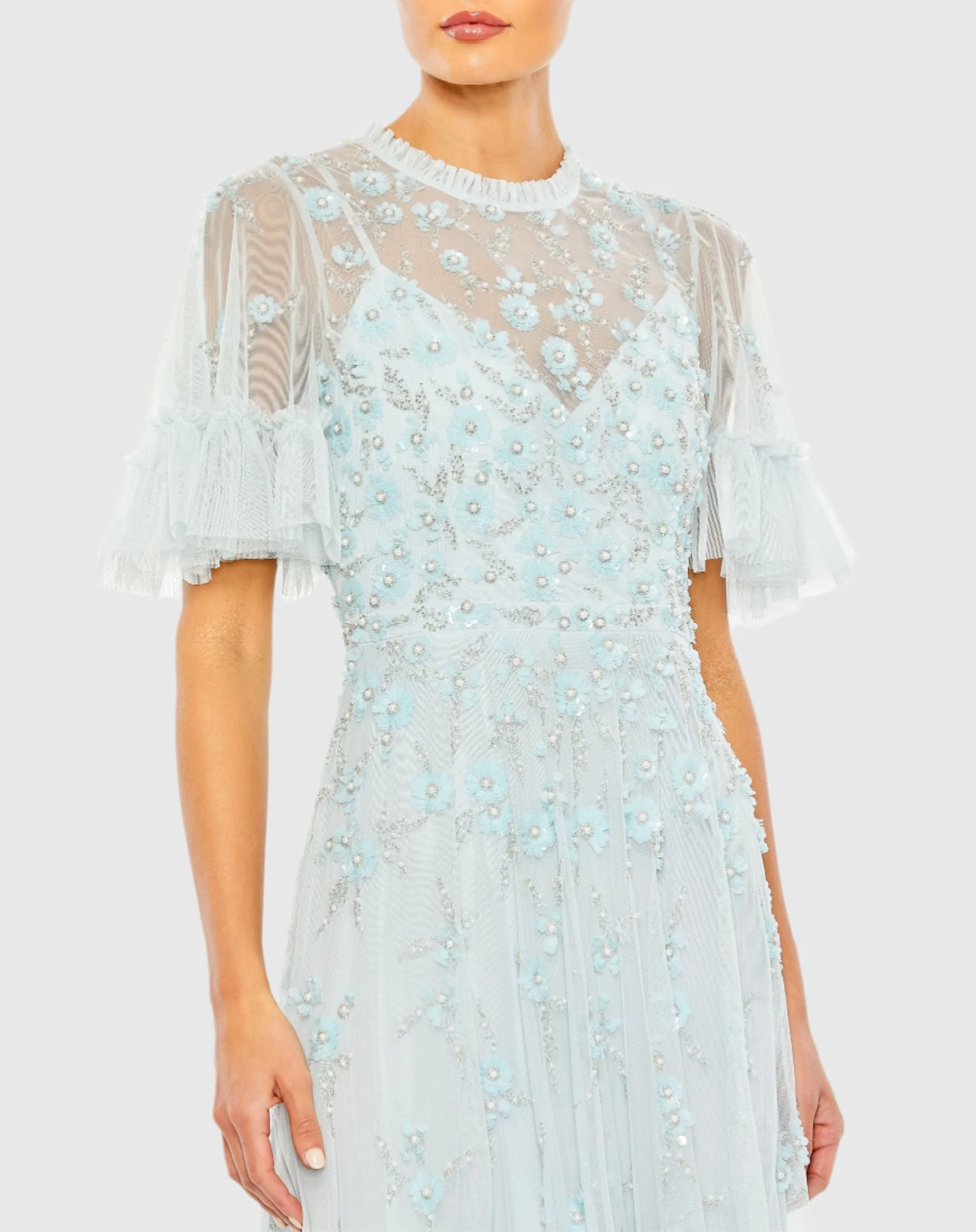 Blue Ruffled Floral Embellished Flutter Sleeve A-Line Gown