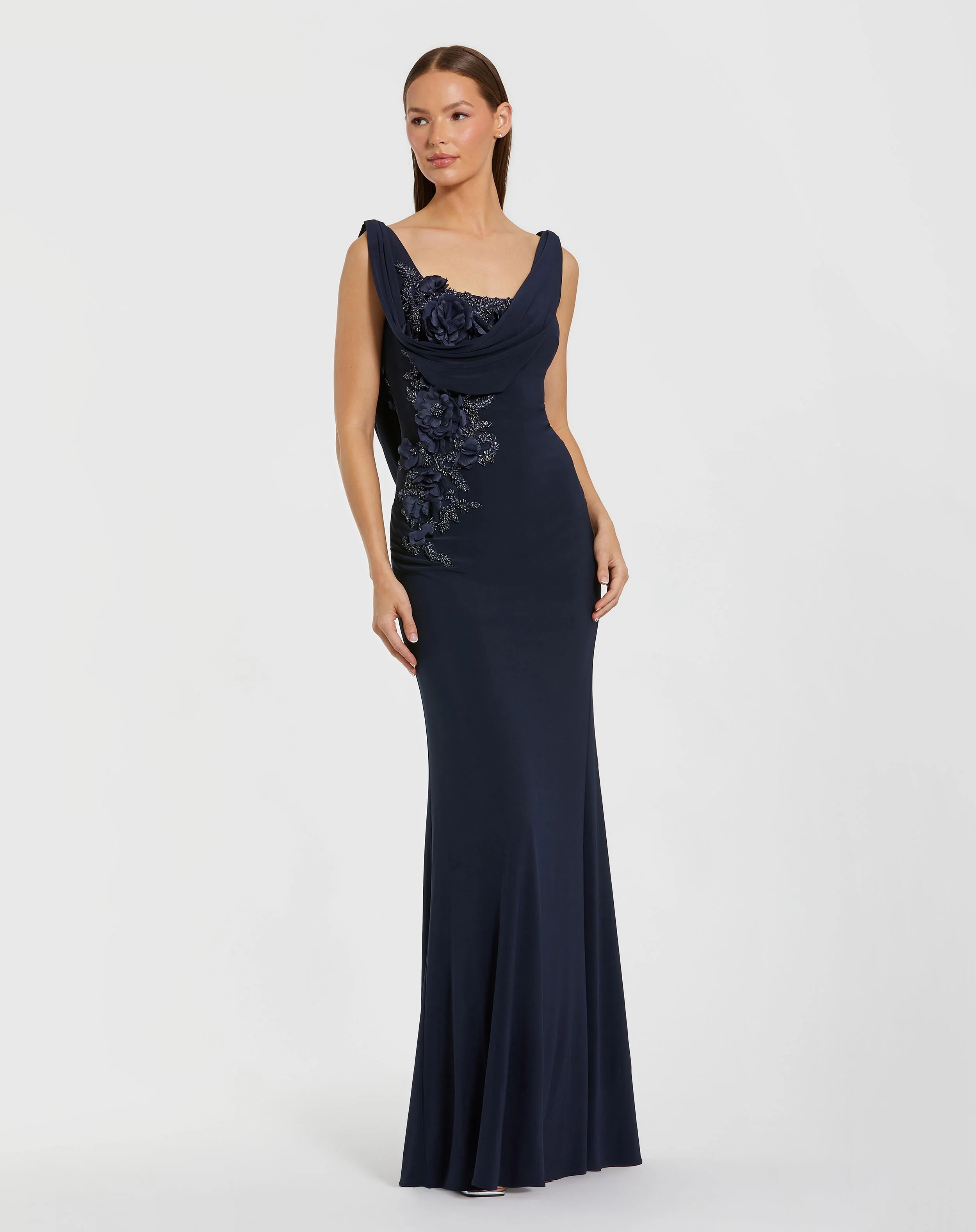 Navy Sleeveless Jersey Cowl Neck Gown With Beading