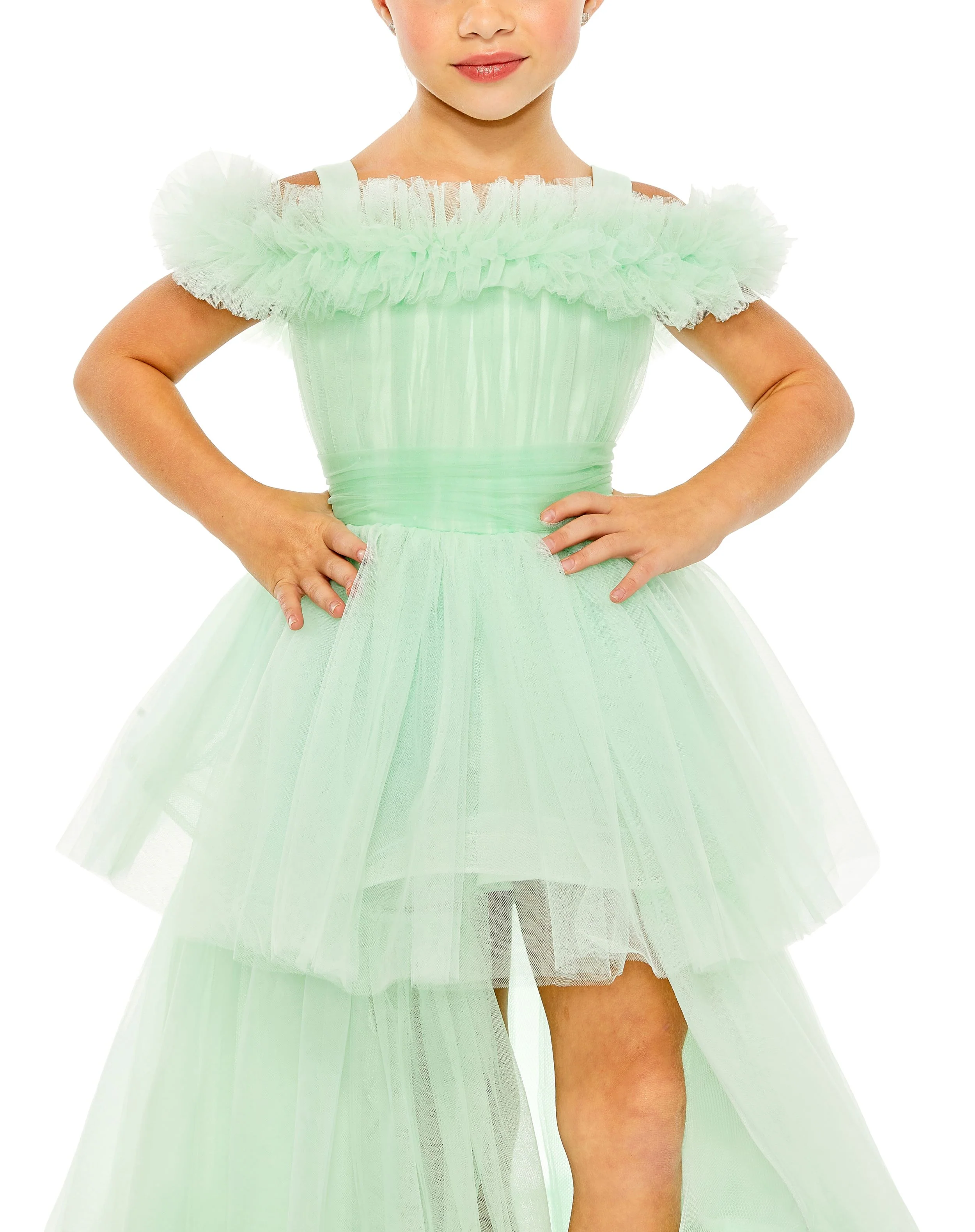 Green Girls Off the Shoulder High Low Tulle Dress