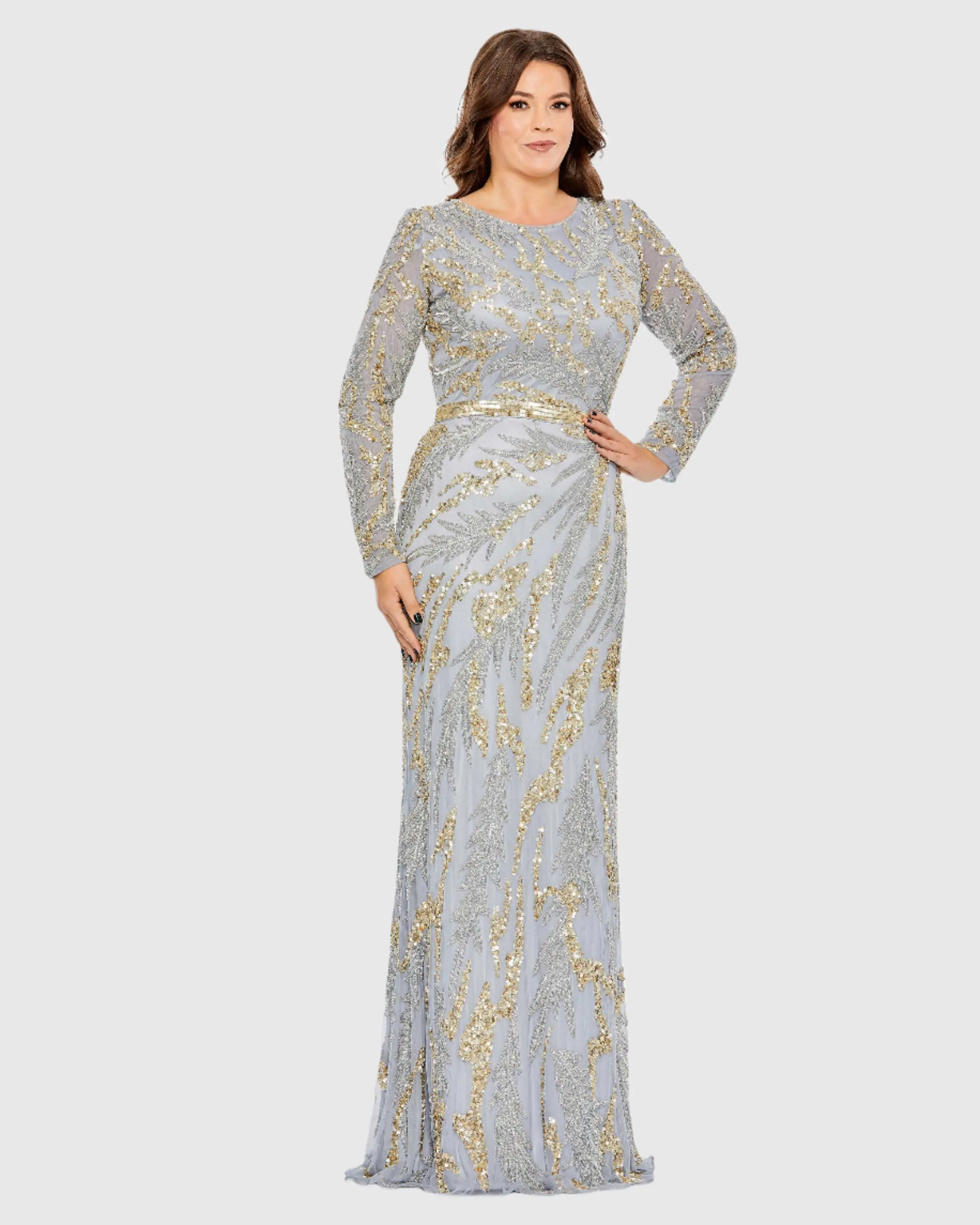 Blue and Gold Long Sleeve High Neckline Embellished Gown