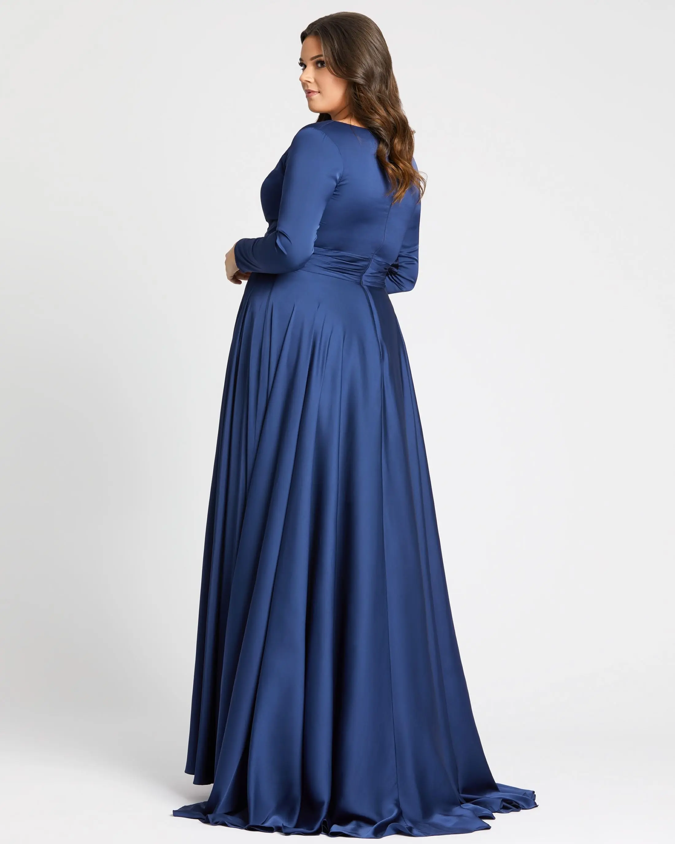 Navy Satin Long Sleeve Evening Gown (Plus)