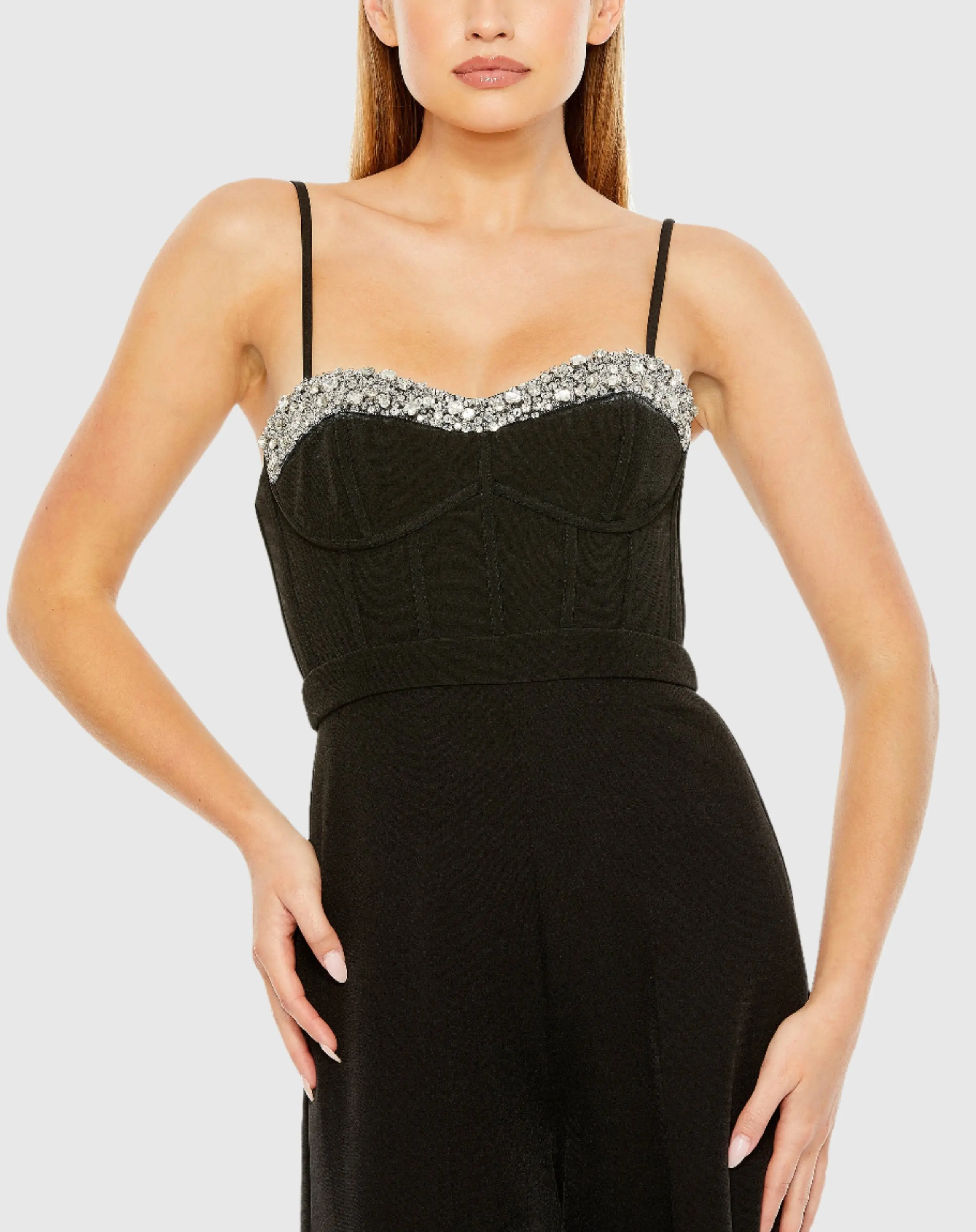 Black Slim Strap Beaded Bustier Top Jumpsuit