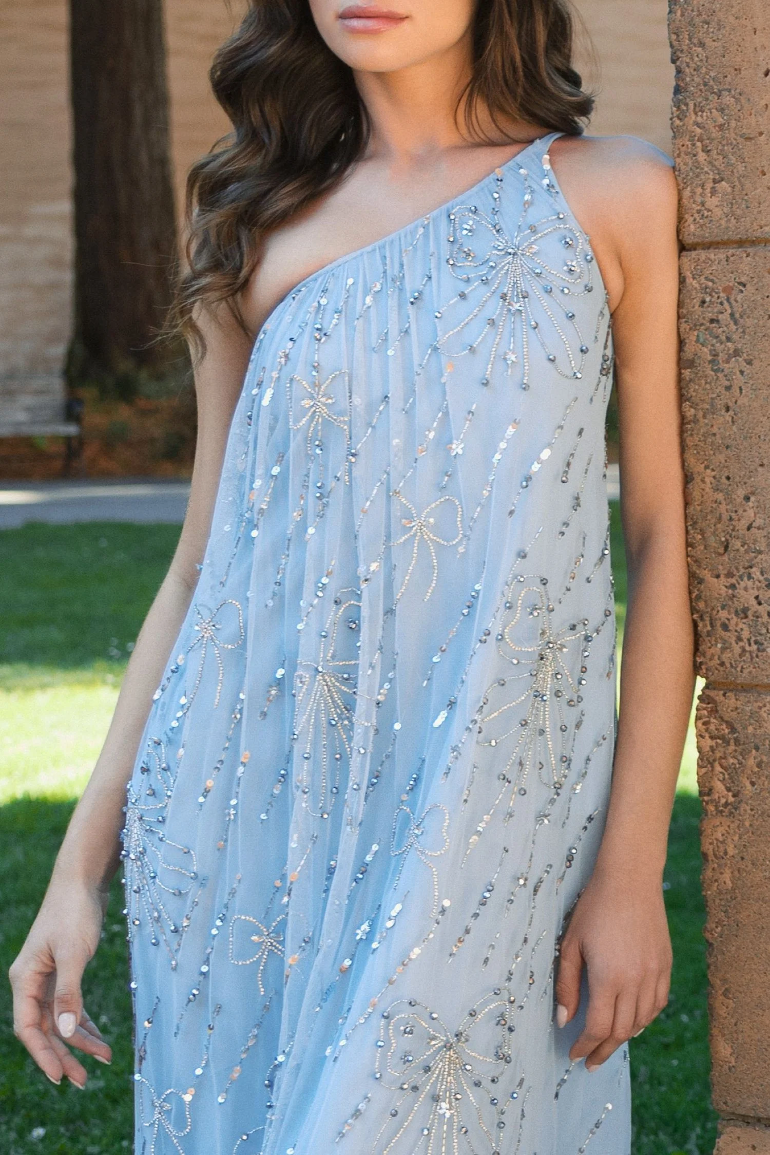 Blue Bow Embellished Mesh One Shoulder High Low Gown