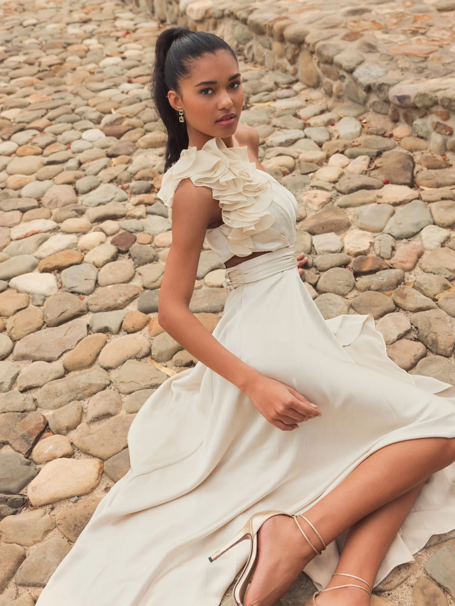 Beige Ruffled One Shoulder Cut Out Hi-Low Gown