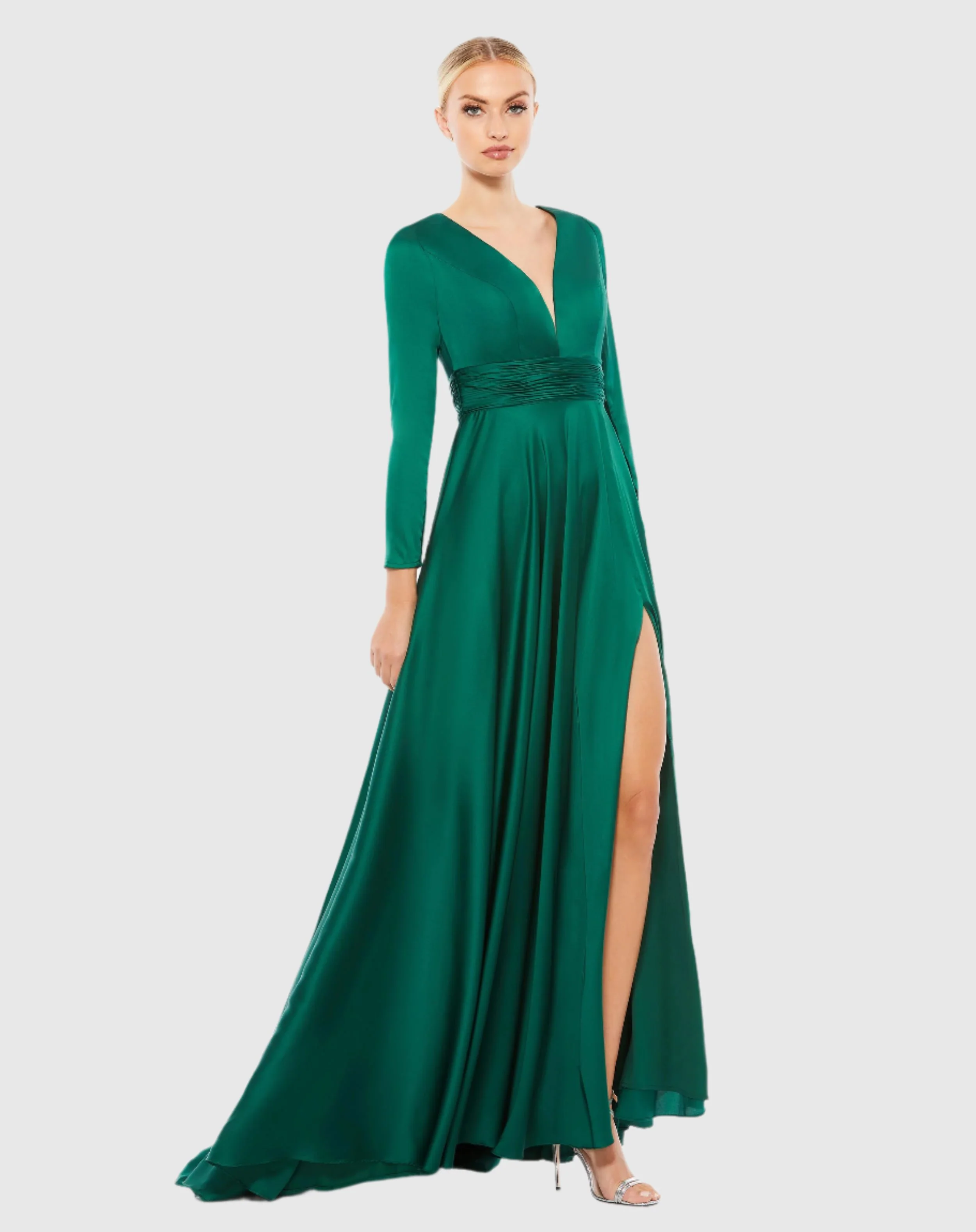 Green Long Sleeve Ruched Waist A-Line Gown