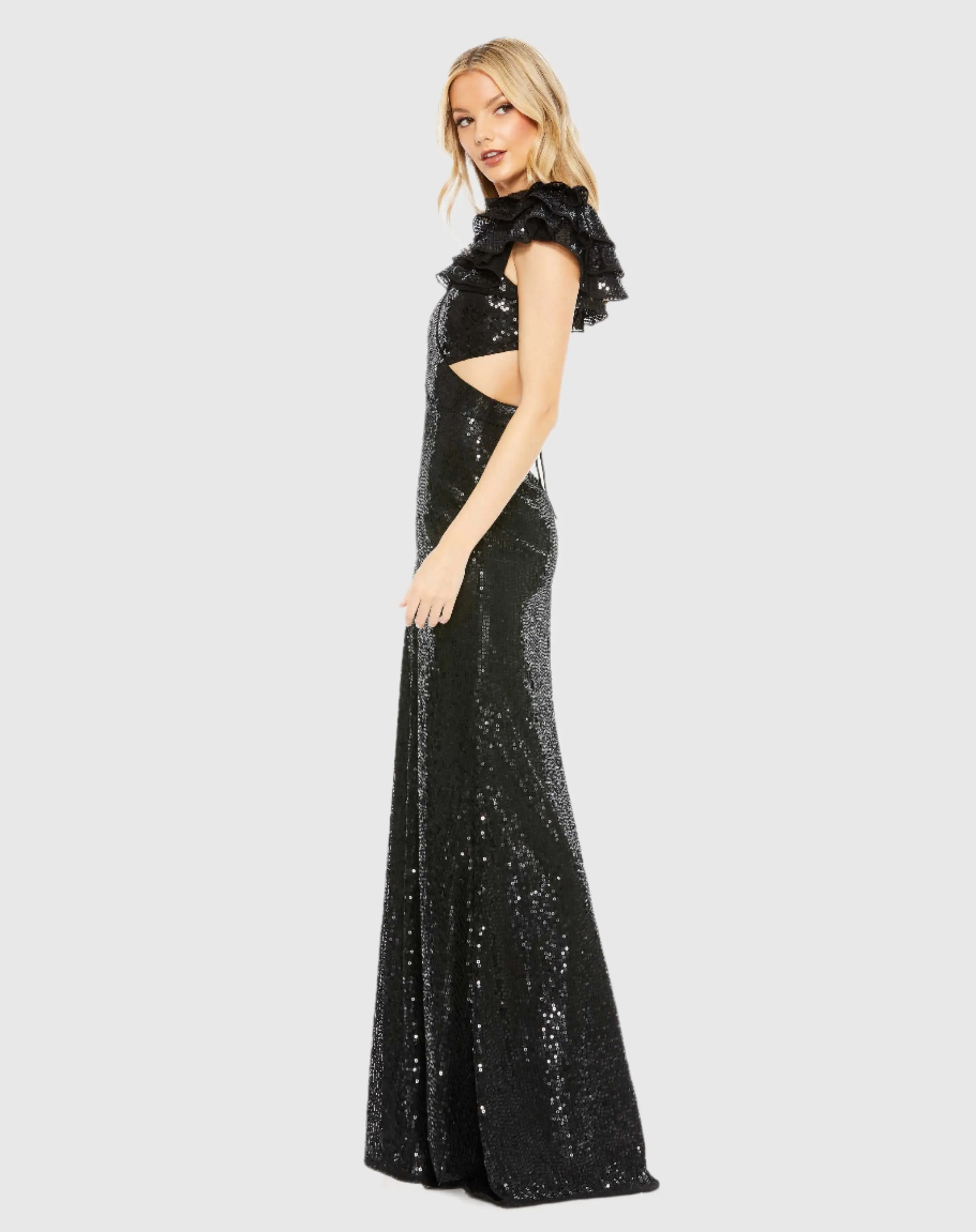 Black Sequin Ruffled Cut Out Lace Up Gown - FINAL SALE