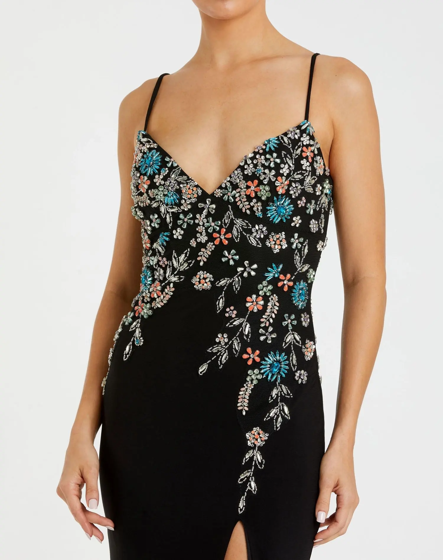 Black Multi Color Beaded Floral Cami Gown