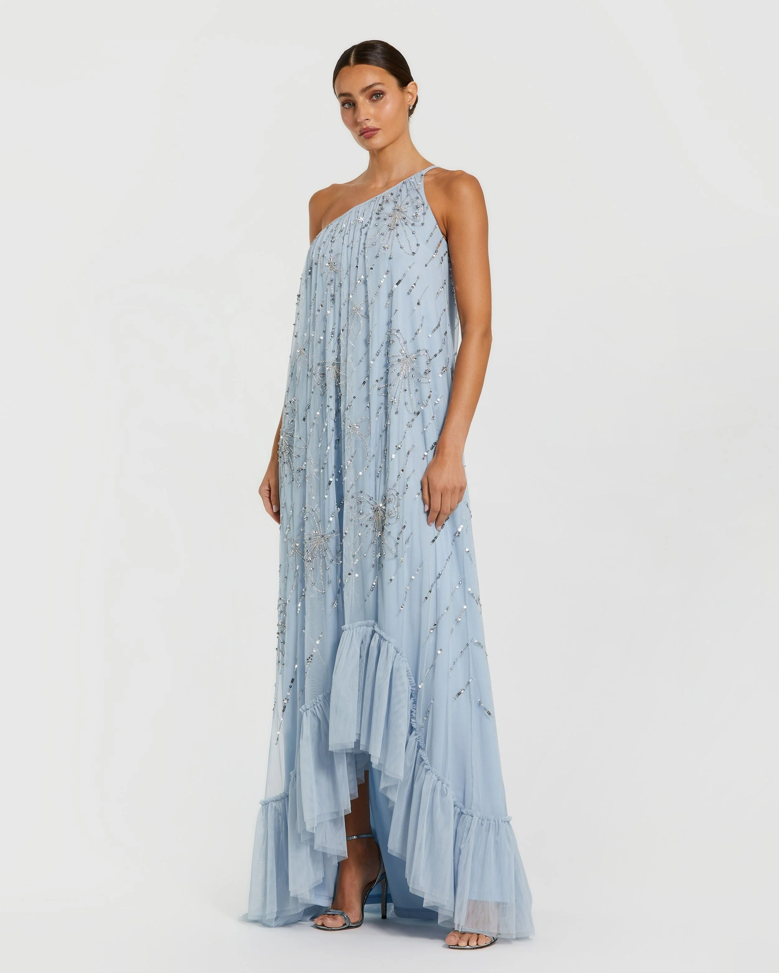 Blue Bow Embellished Mesh One Shoulder High Low Gown