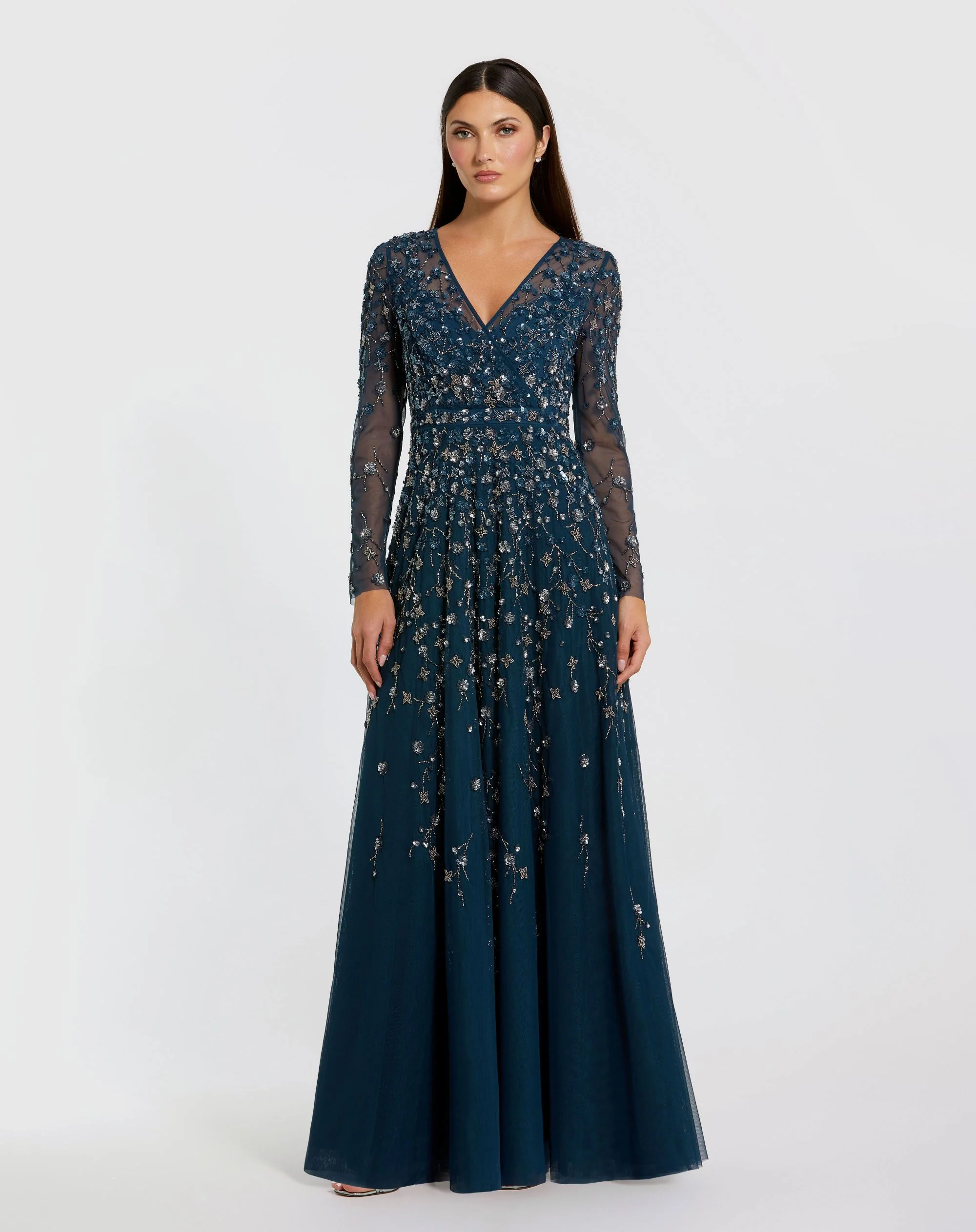 Navy Embellished Wrap Over Illusion Long Sleeve A Line Gown