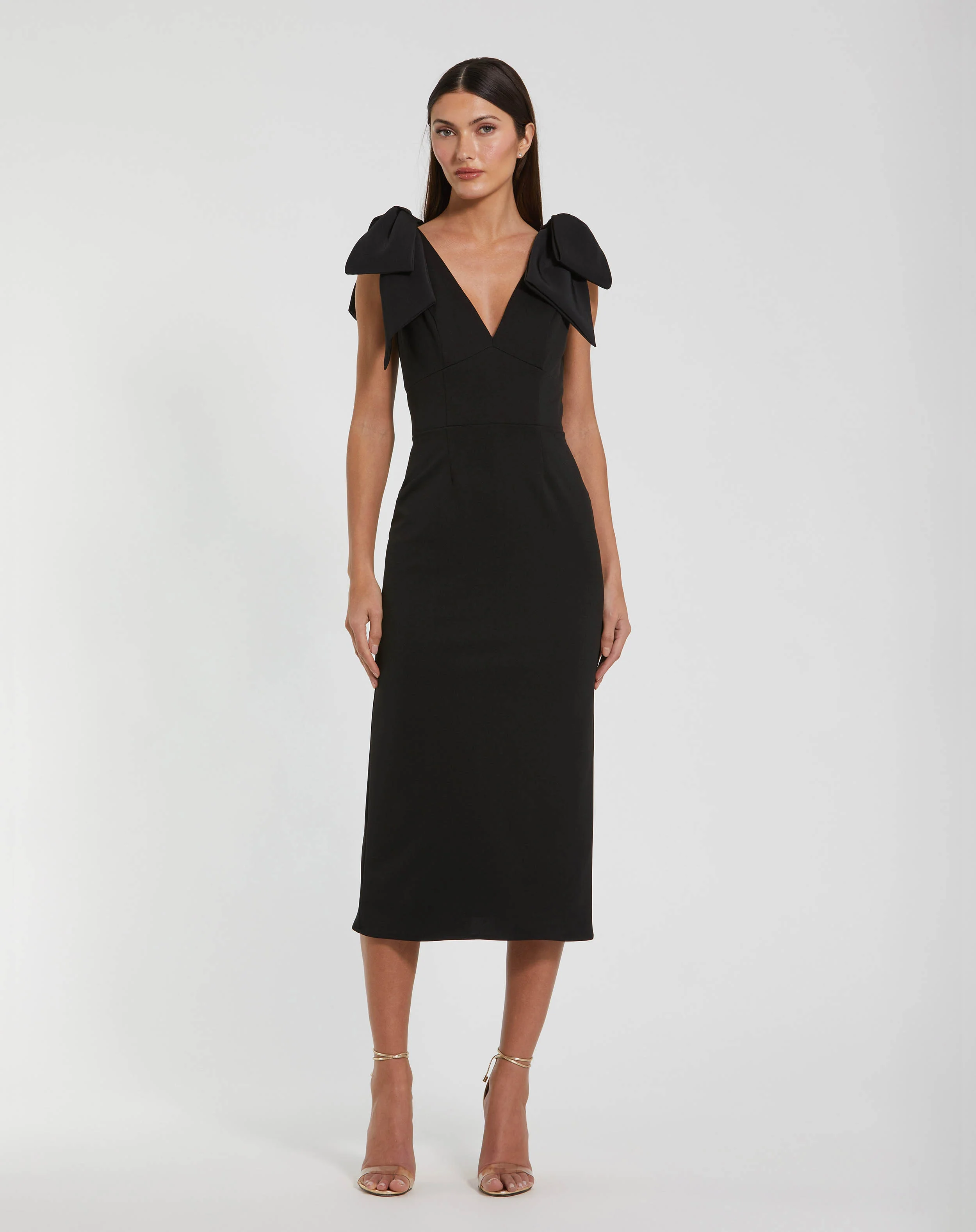 Black Bow Strap Crepe Fitted Midi Dress
