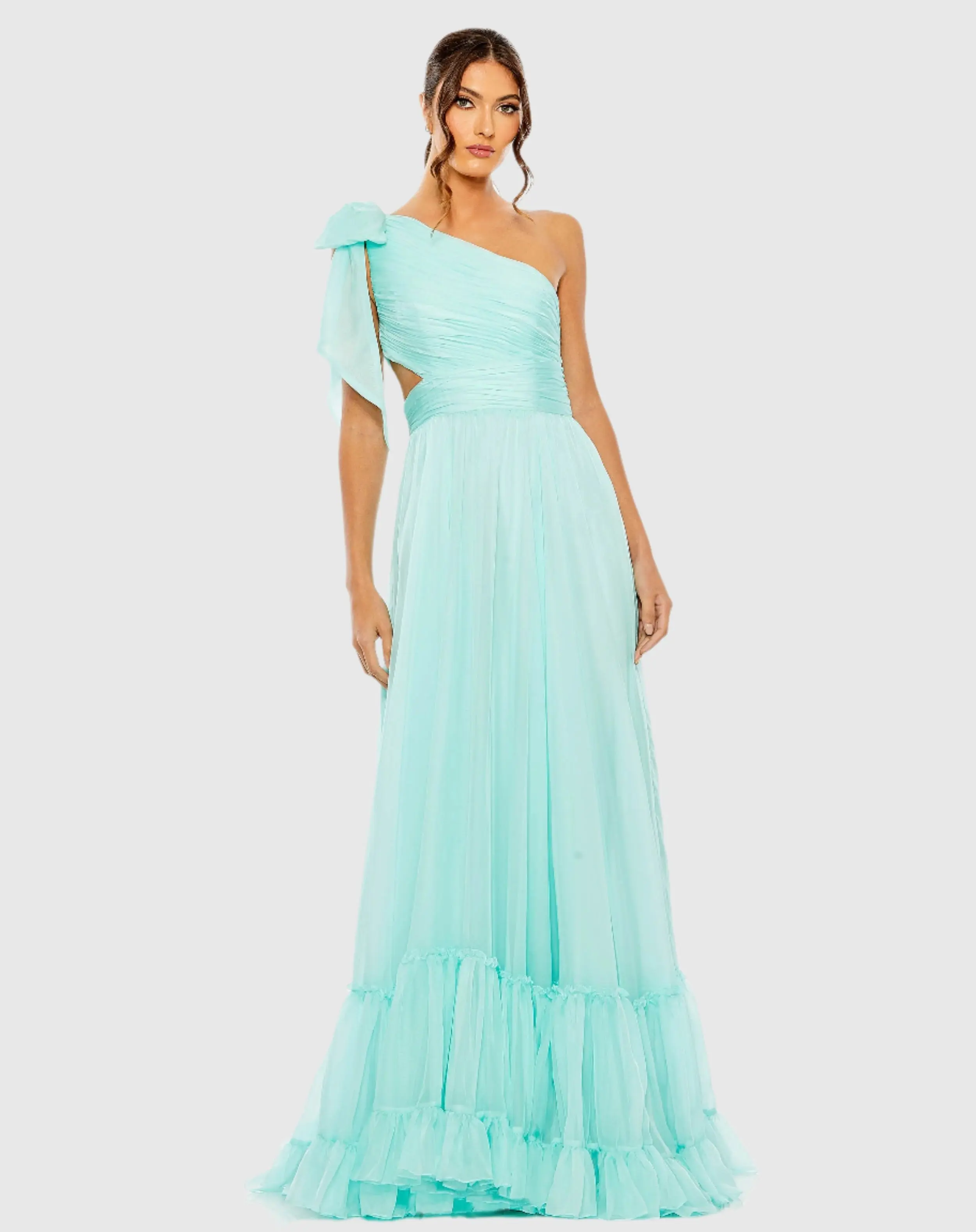 Blue Tiered One Shoulder Ruched Gown
