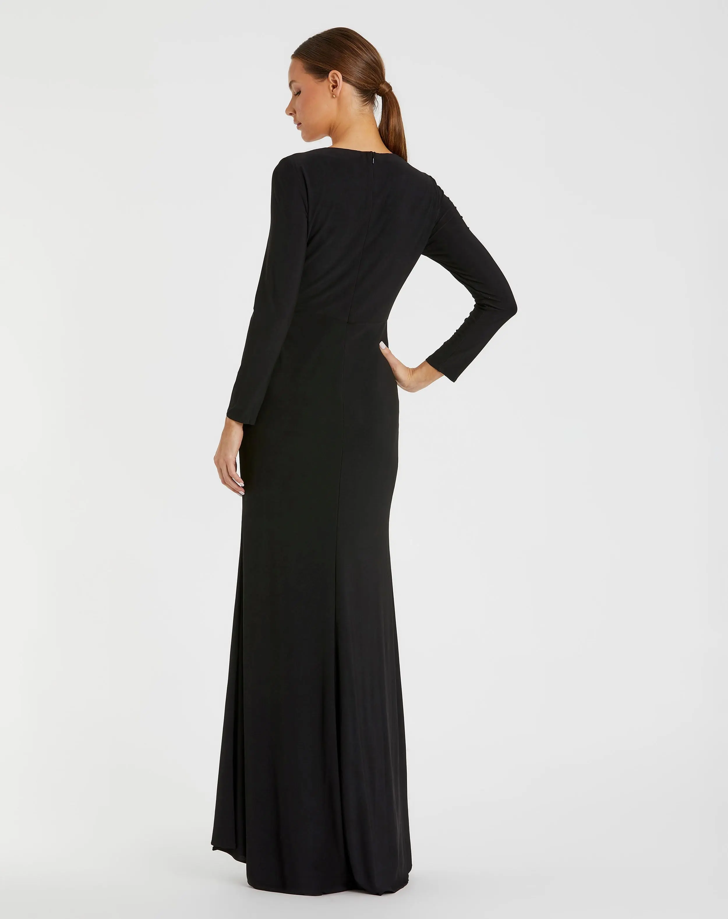 Black Faux Wrap Long Sleeve Gown w/ Appliqué Detail