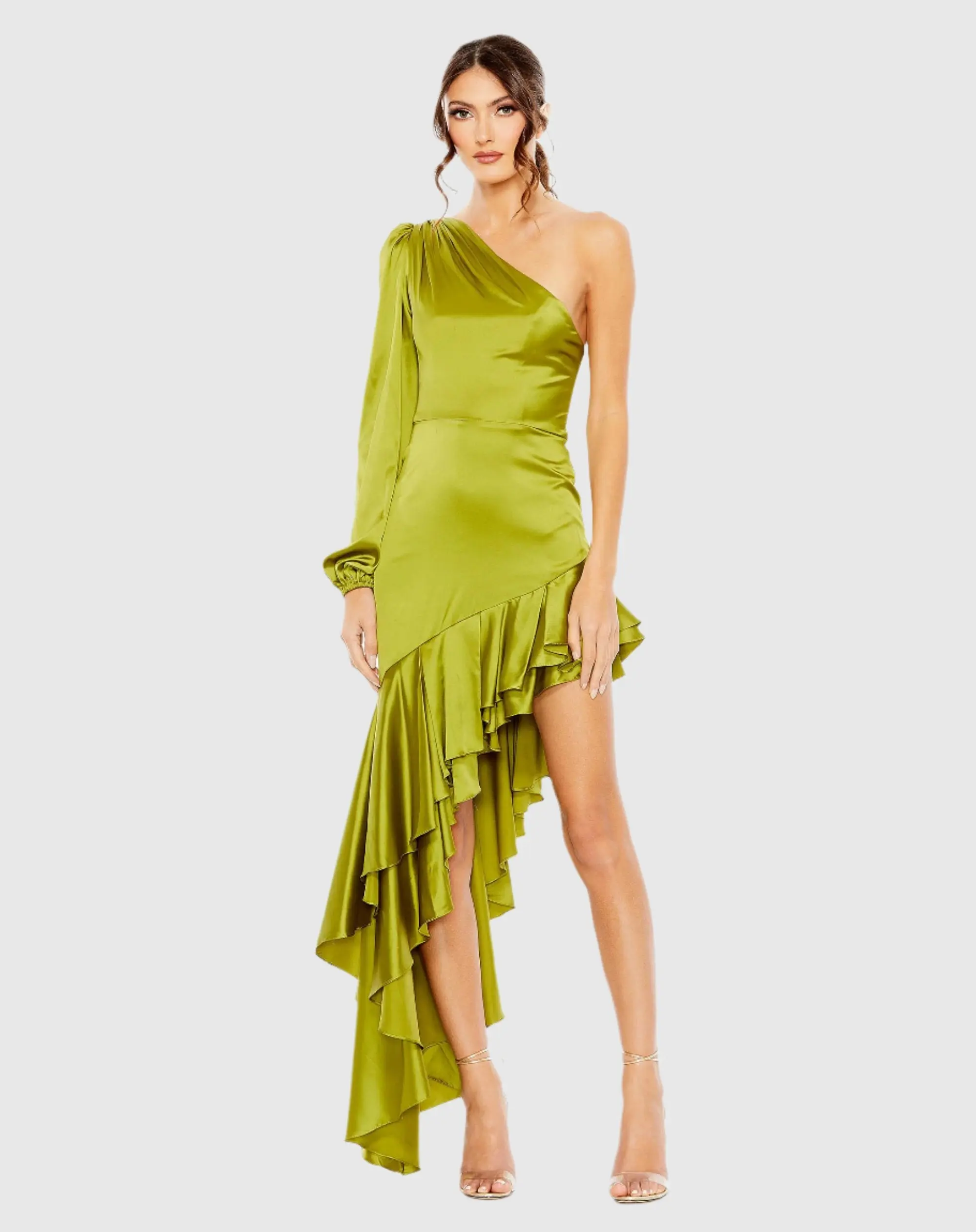 Green Charmeuse One Sleeve Ruffled Asymmetrical Gown