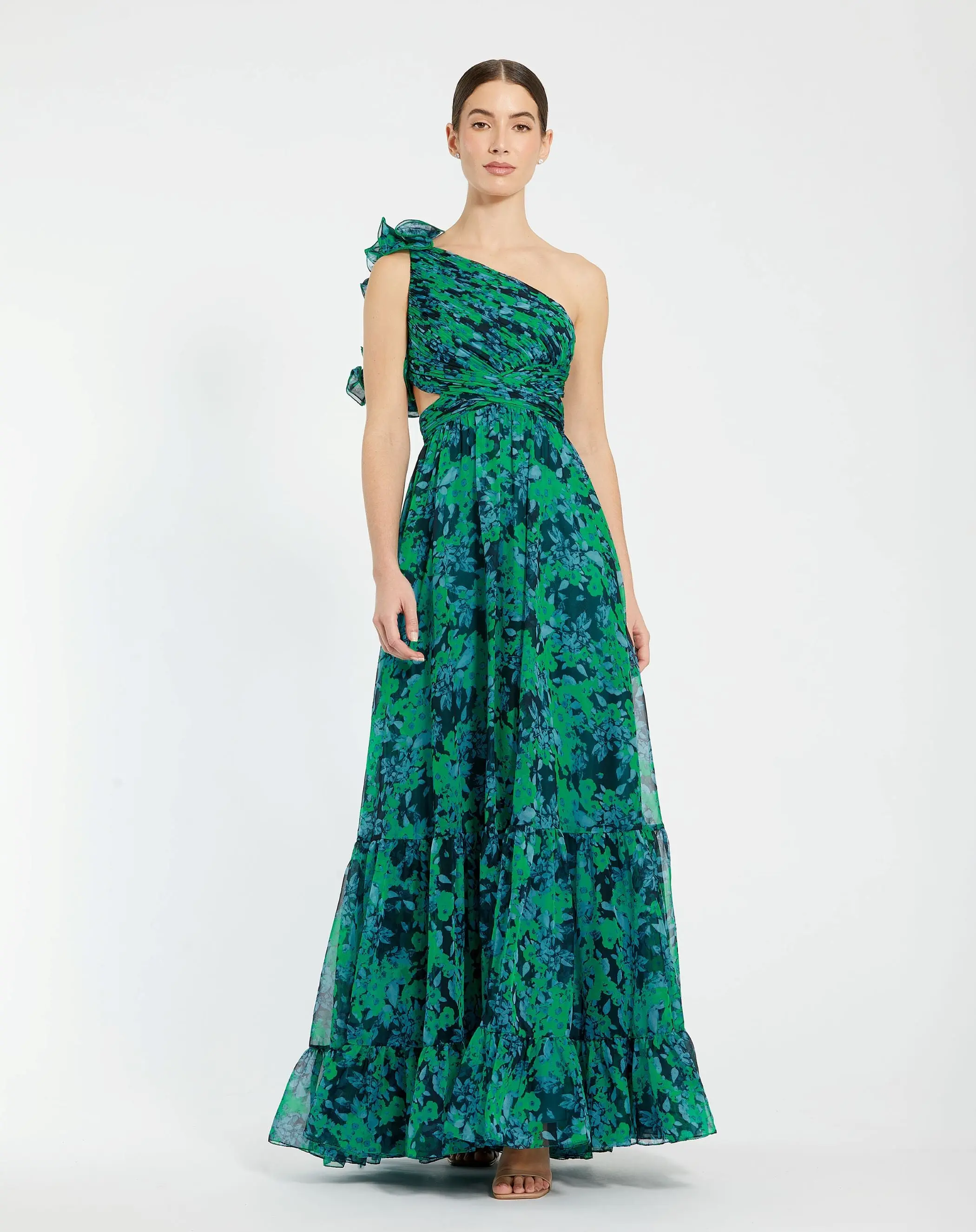 Green One Shoulder Ruffle Tiered Cut-Out Chiffon Gown