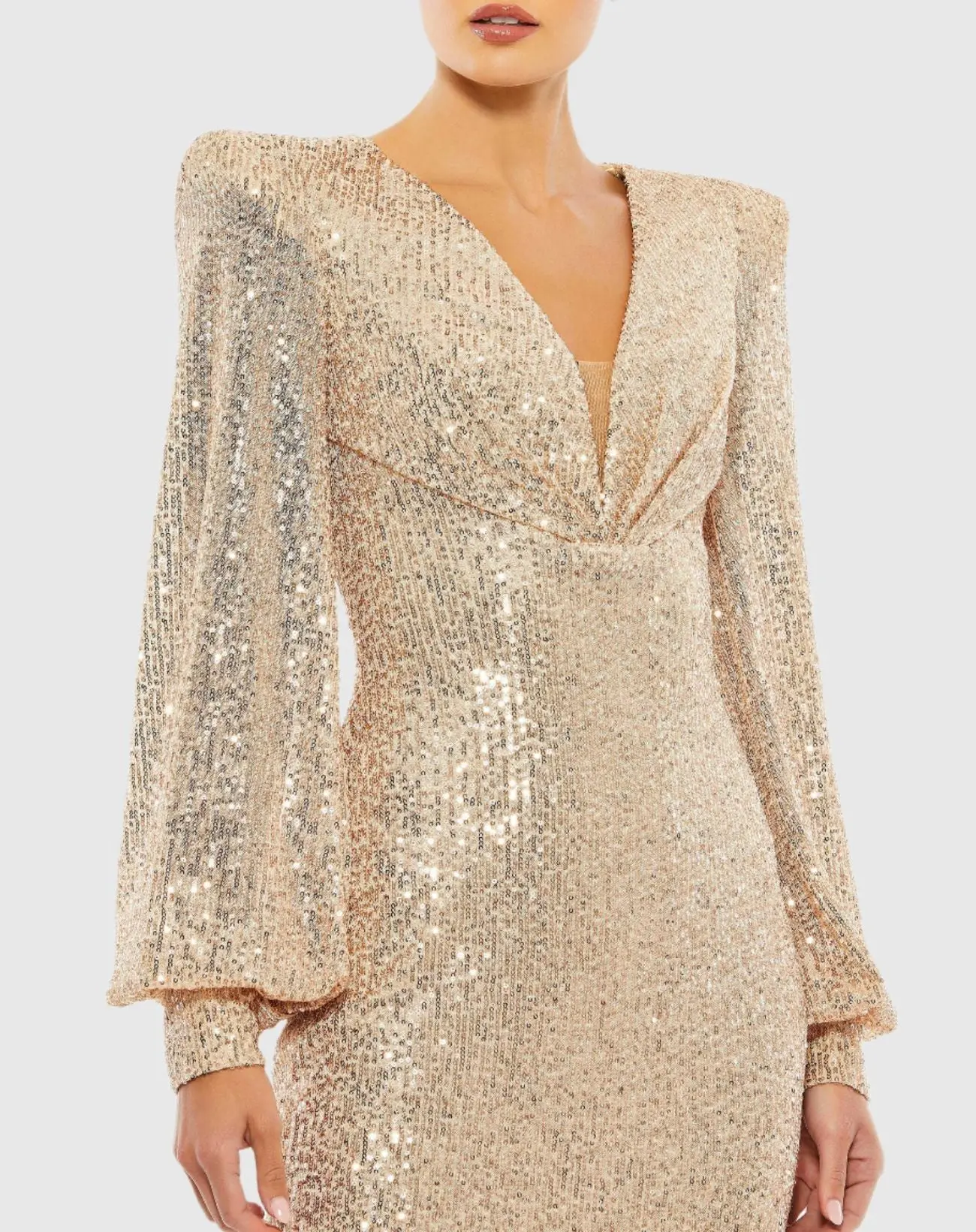 Gold Sequined Structured Bishop Sleeve Mini Dress