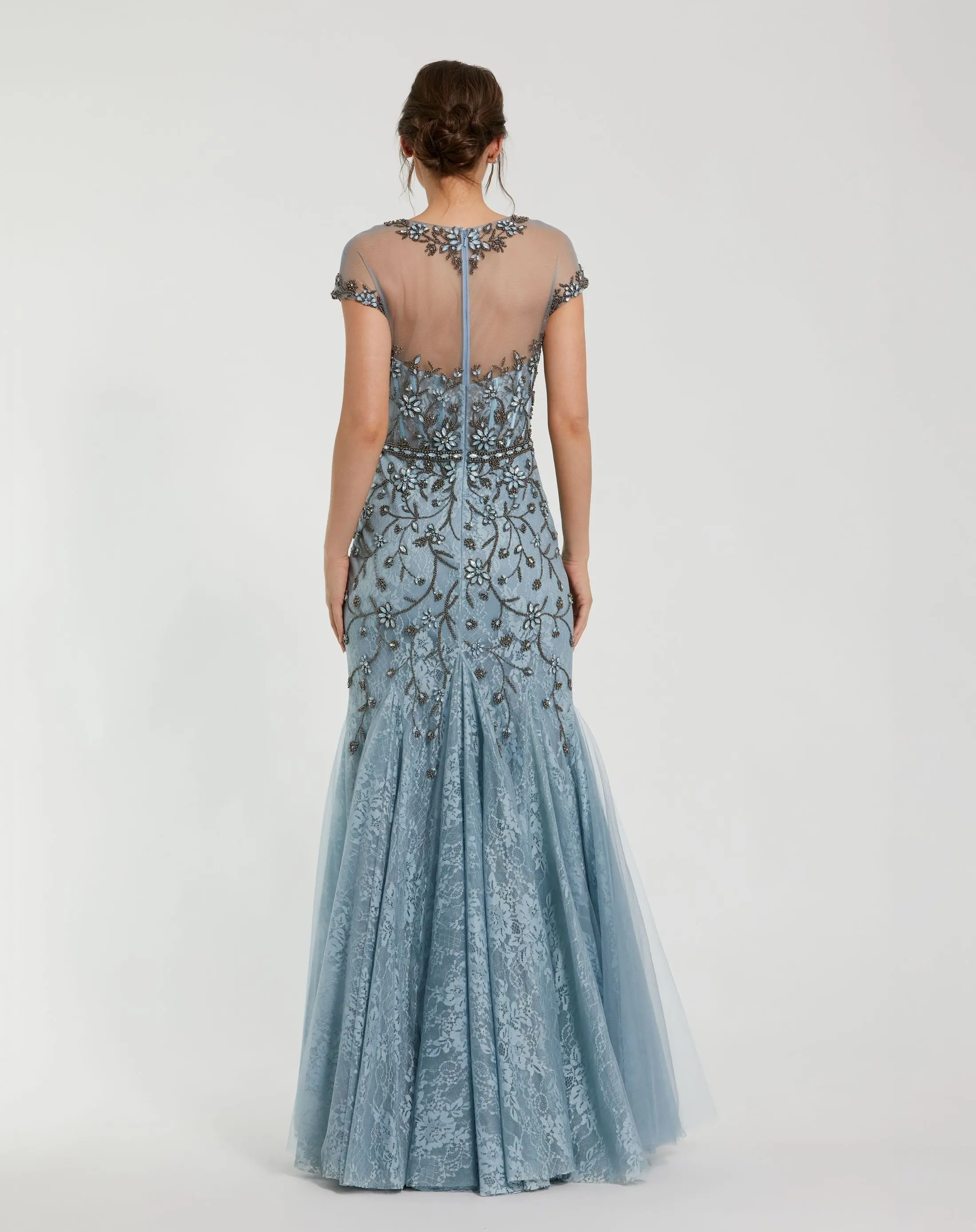 Blue Sheer Top Embellished Mermaid Gown