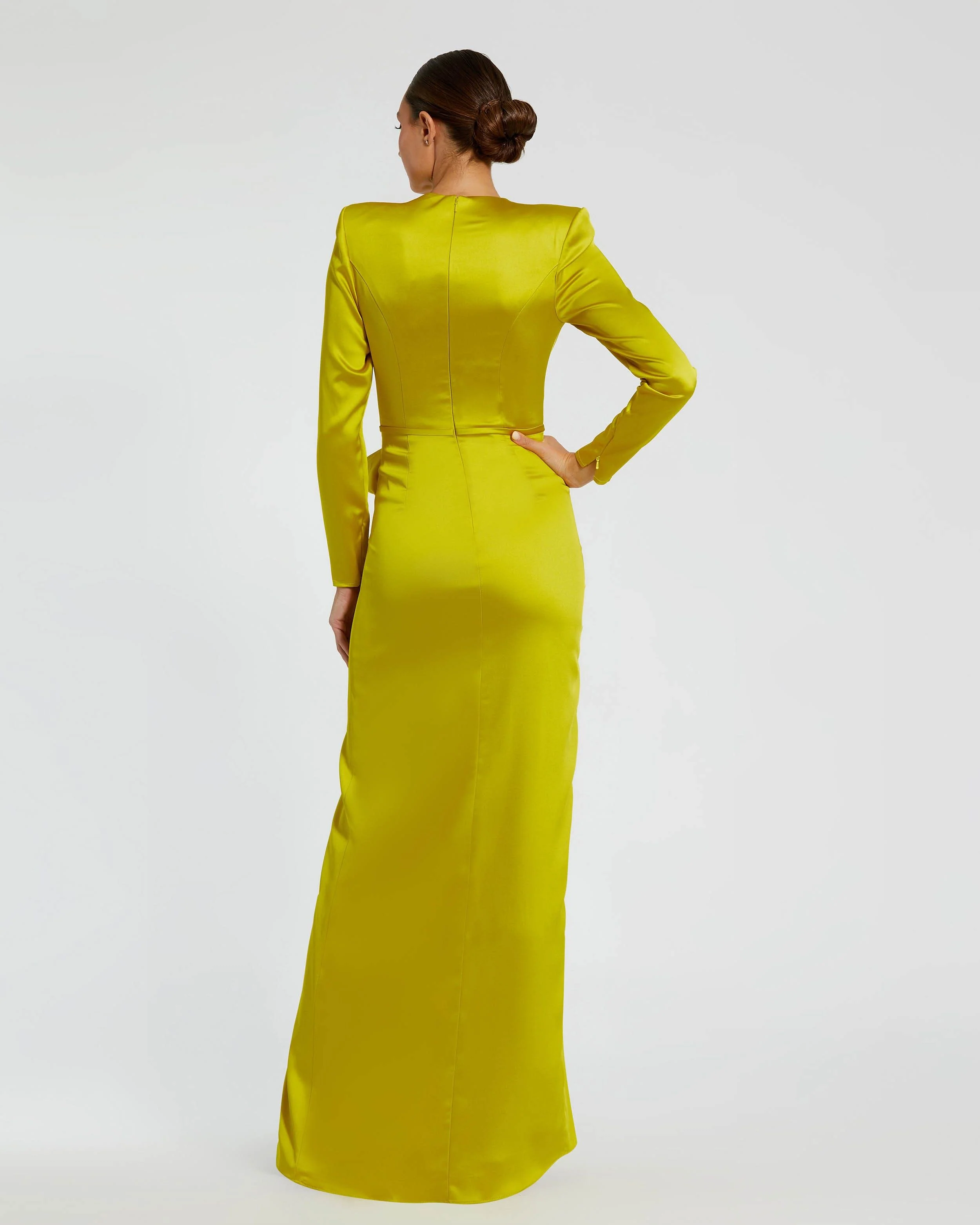Green Long Sleeve Satin Structured Bow Draped Column Gown