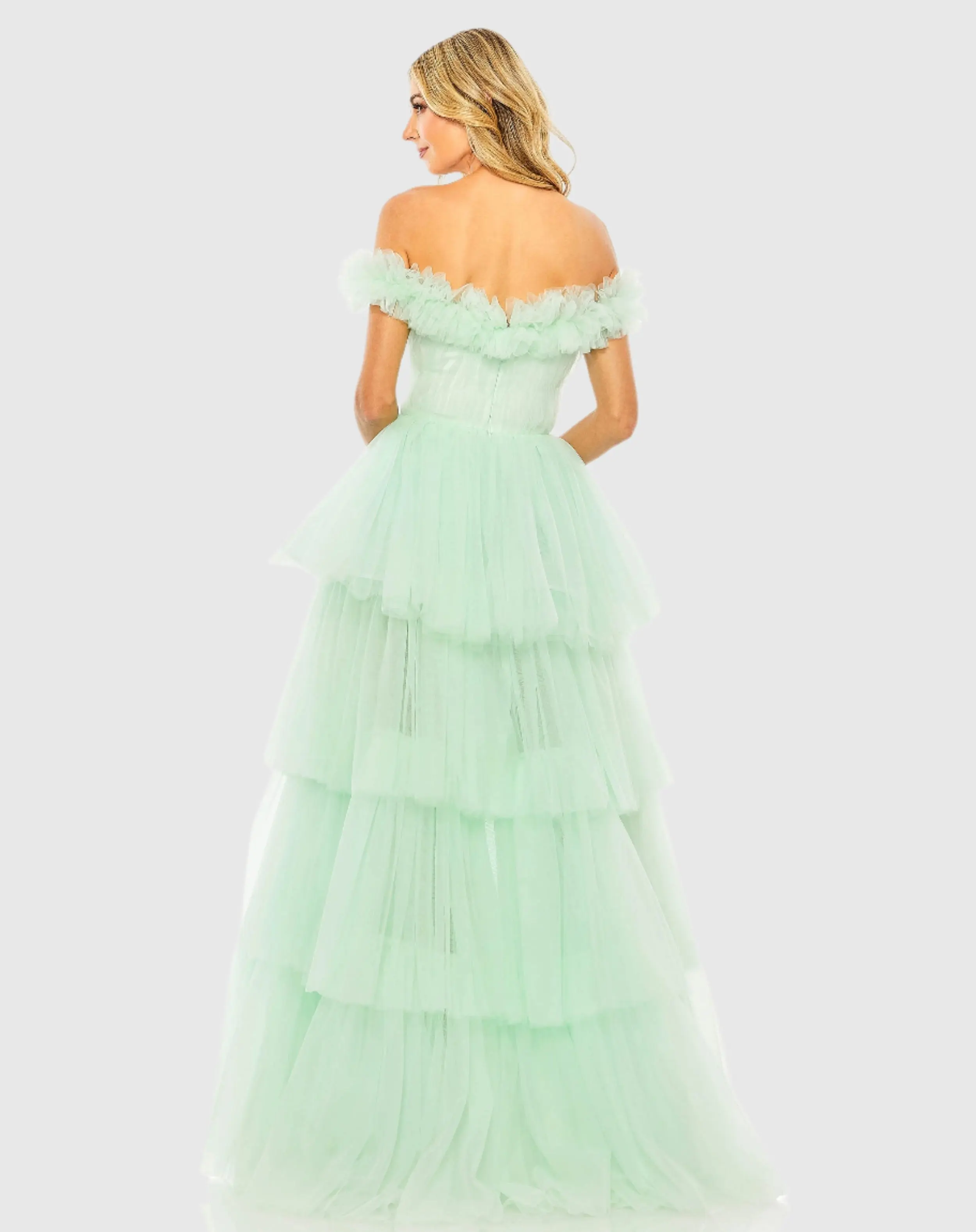 Green Off-the-Shoulder High-Low Tulle Gown