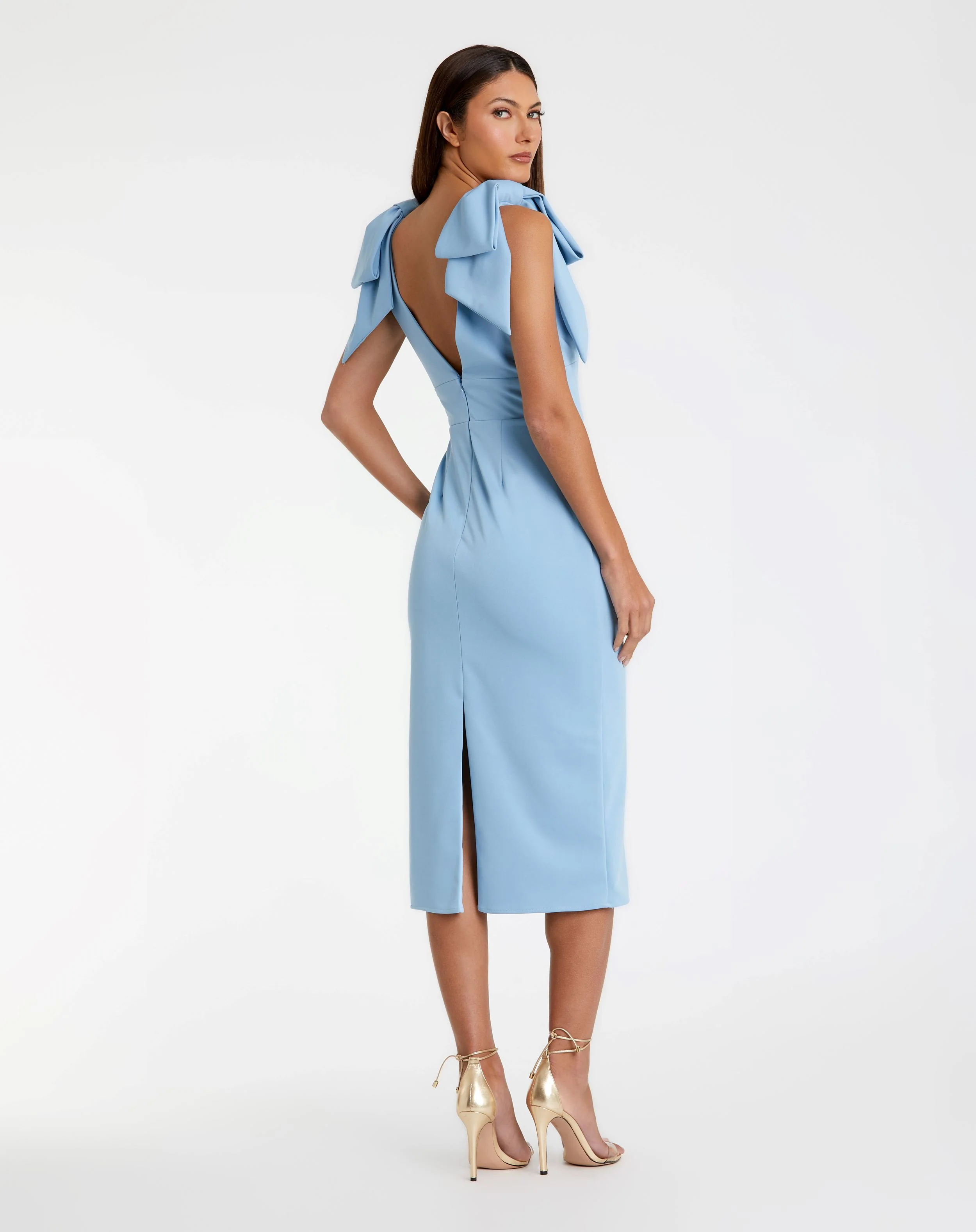 Blue Bow Strap Crepe Fitted Midi Dress