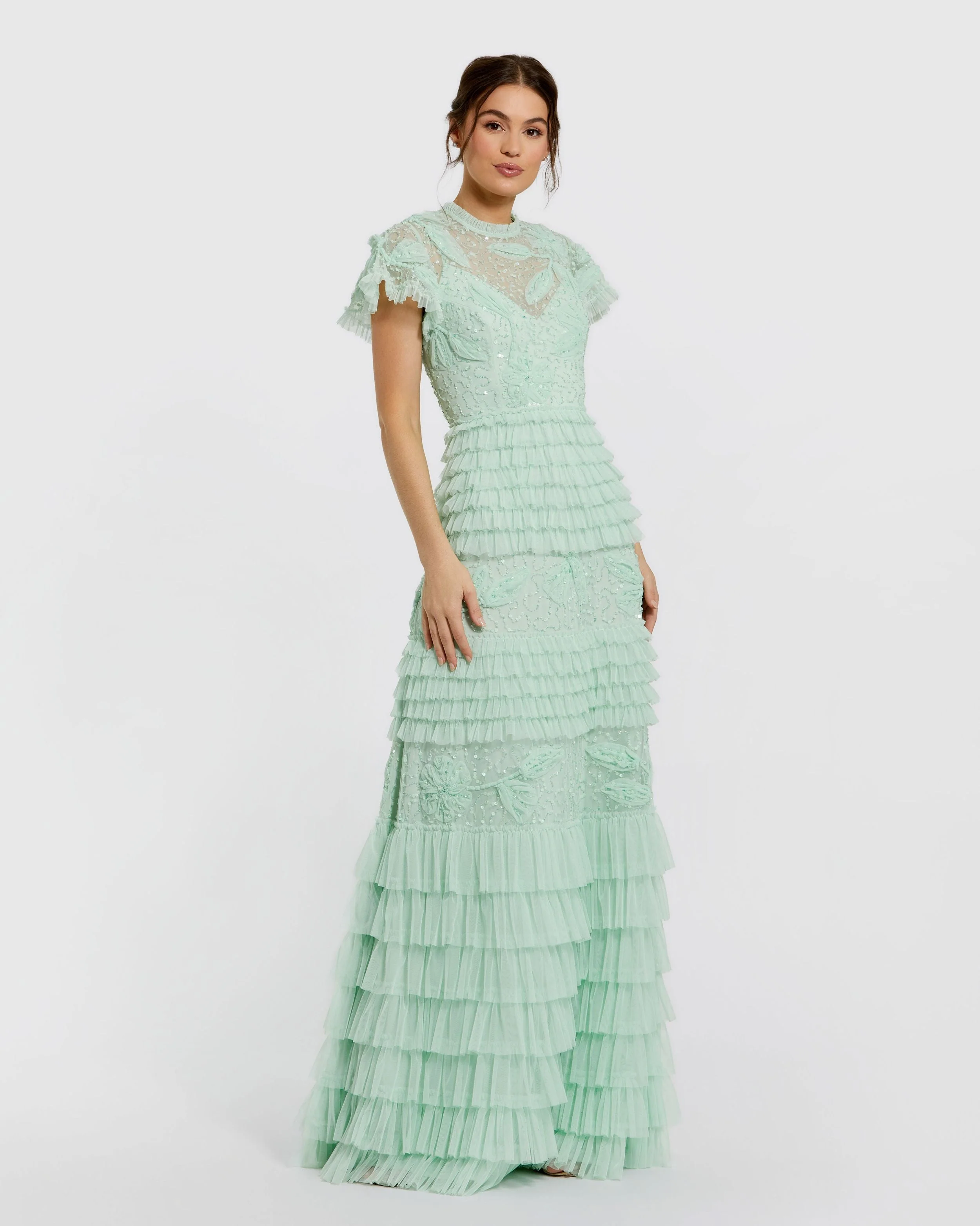 Green Beaded Mesh High Neck Micro Ruffle Gown