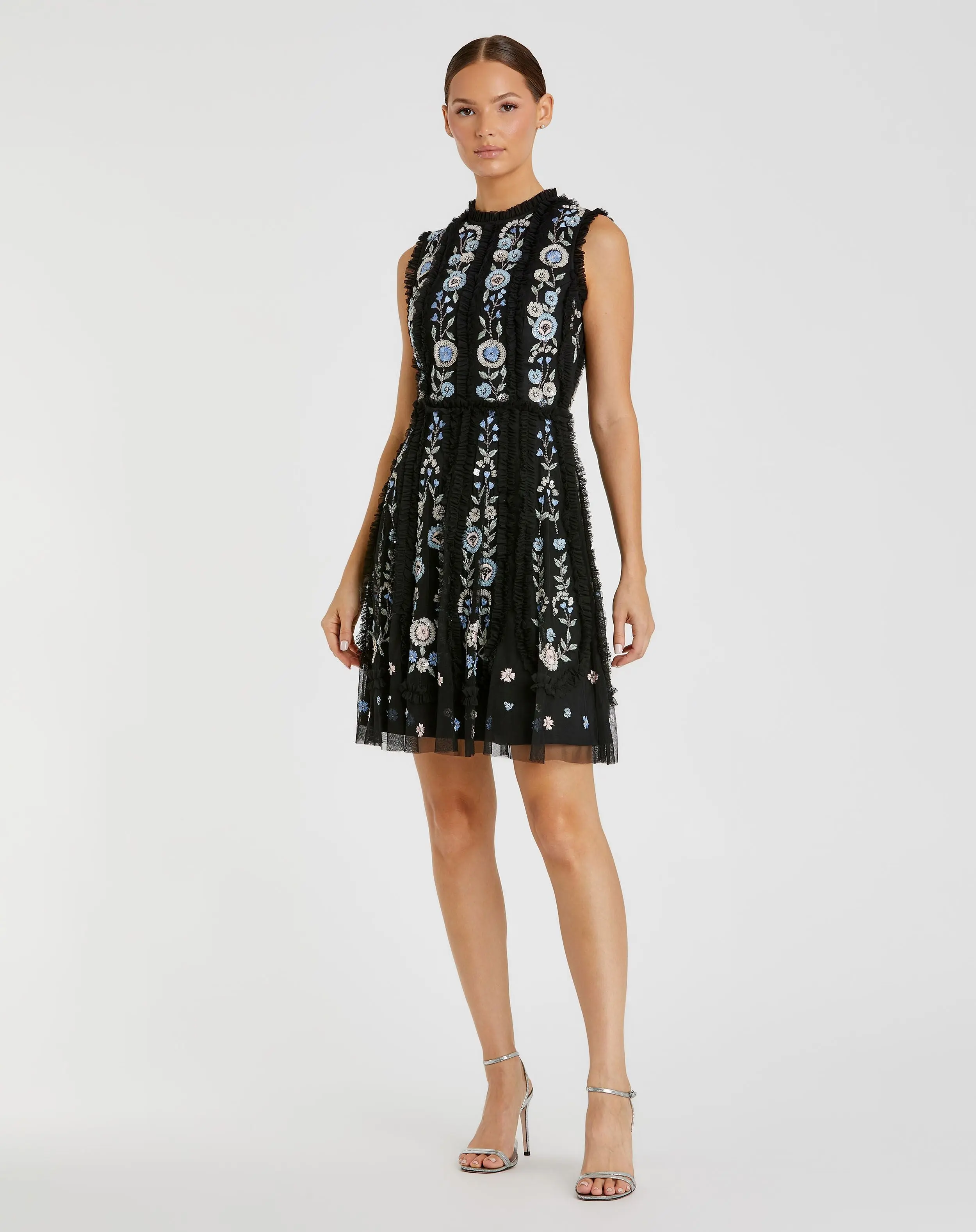 Black Sleeveless High Neck Embroidered Mini Dress