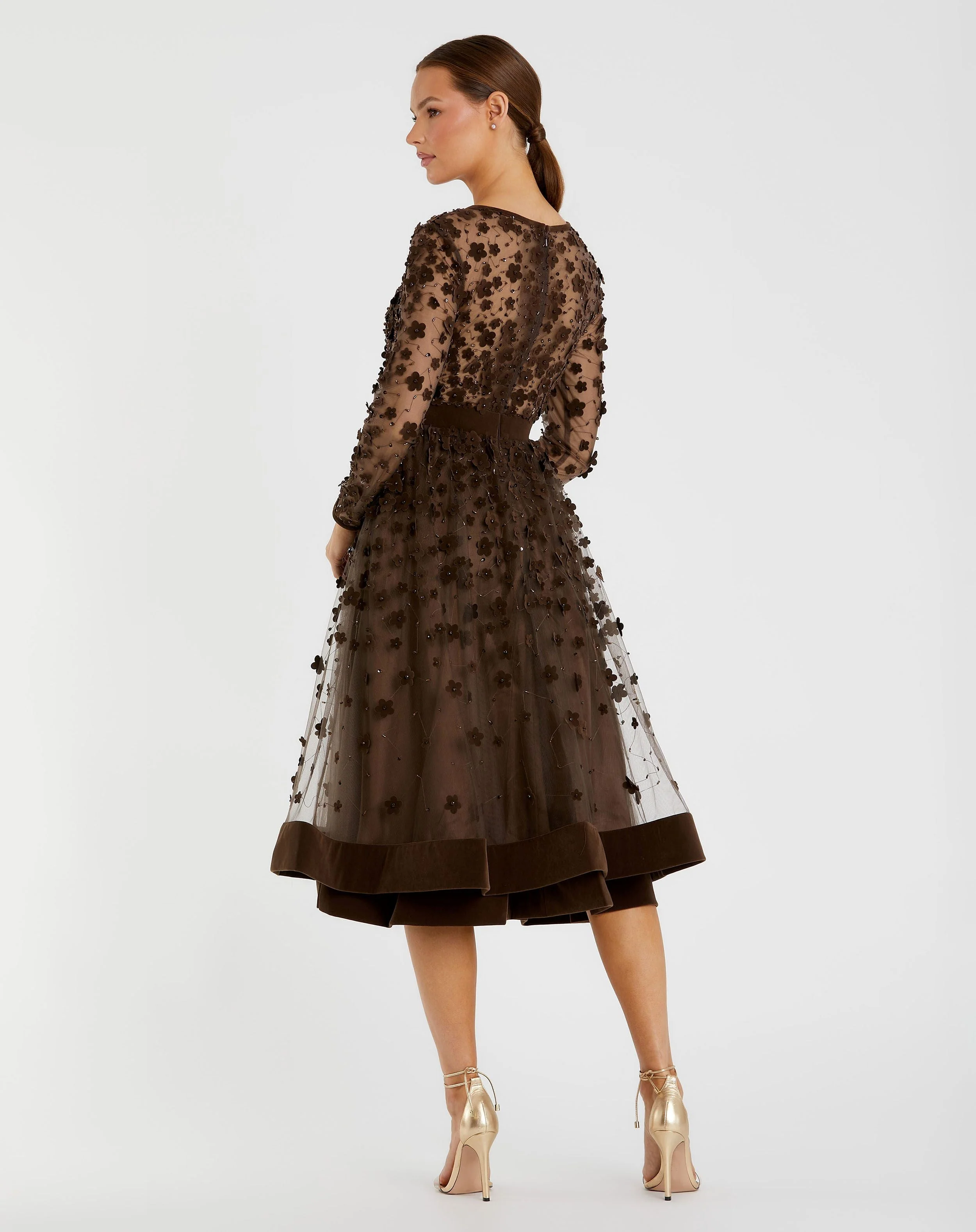 Brown Embellished Illusion High Neck Long Sleeve Fit & Flare Dress