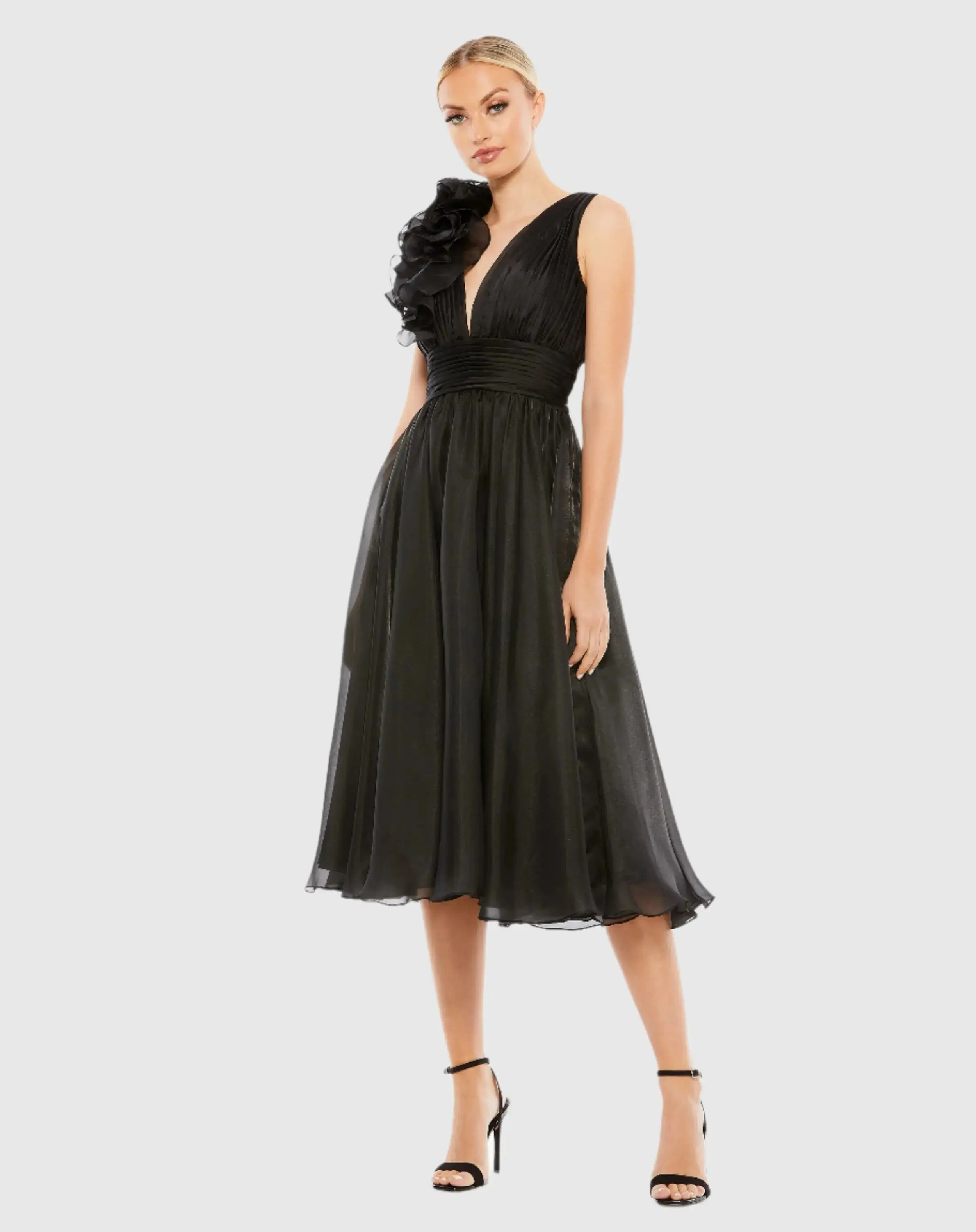 Black Plunging V Neck Ruffled A-Line Cocktail Dress