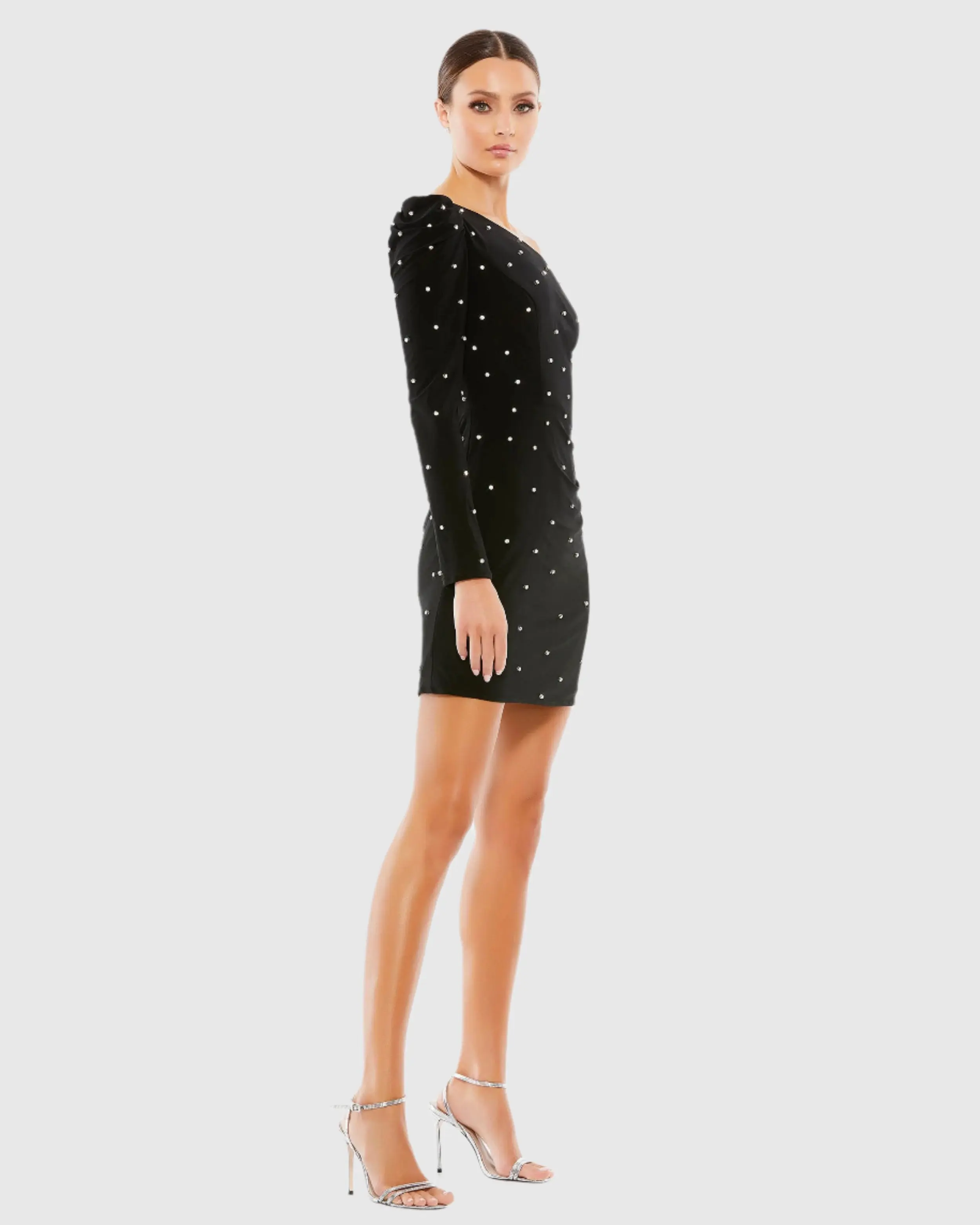 Black Rhinestone Encrusted One Shoulder Long Sleeve Mini Dress