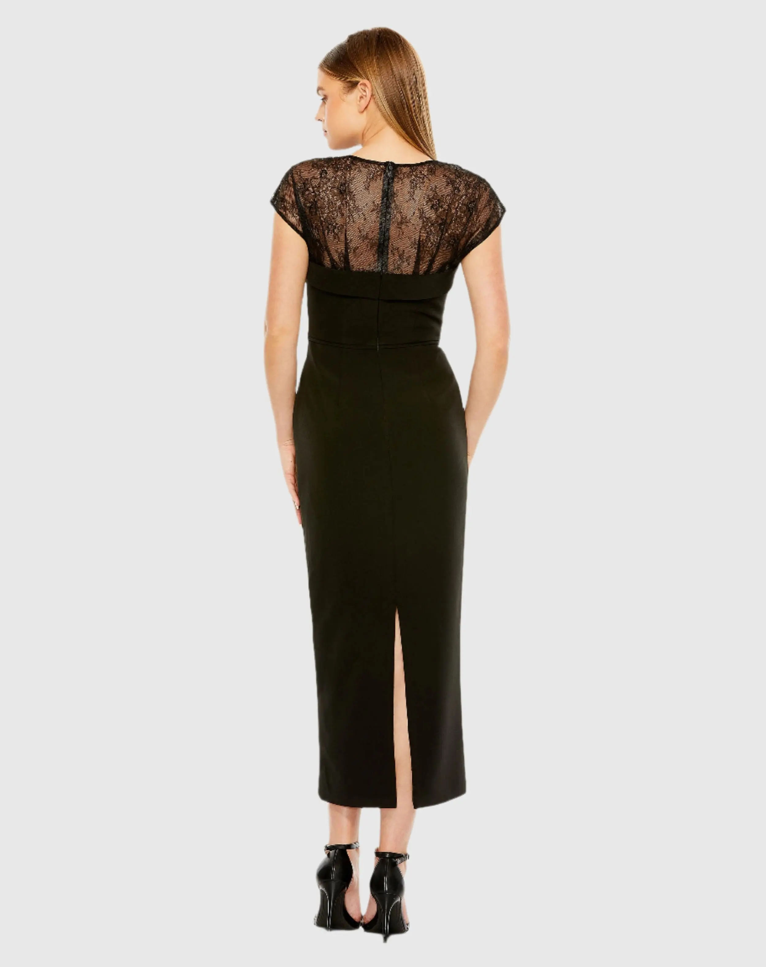 Black Sheer Lace Illusion Crepe Midi Dress
