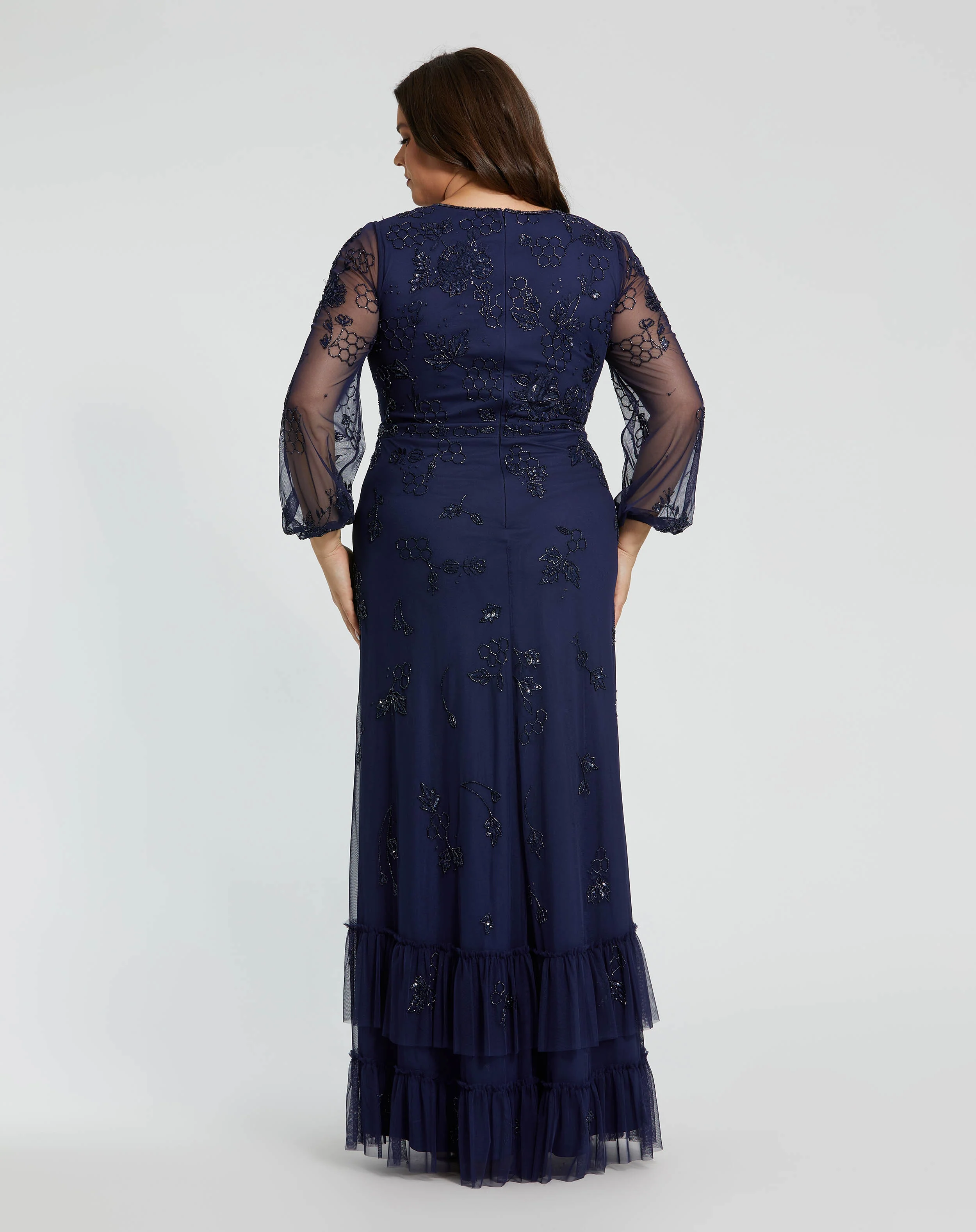 Navy Puff Sleeve V-Neck Tiered Embellished Gown - Plus
