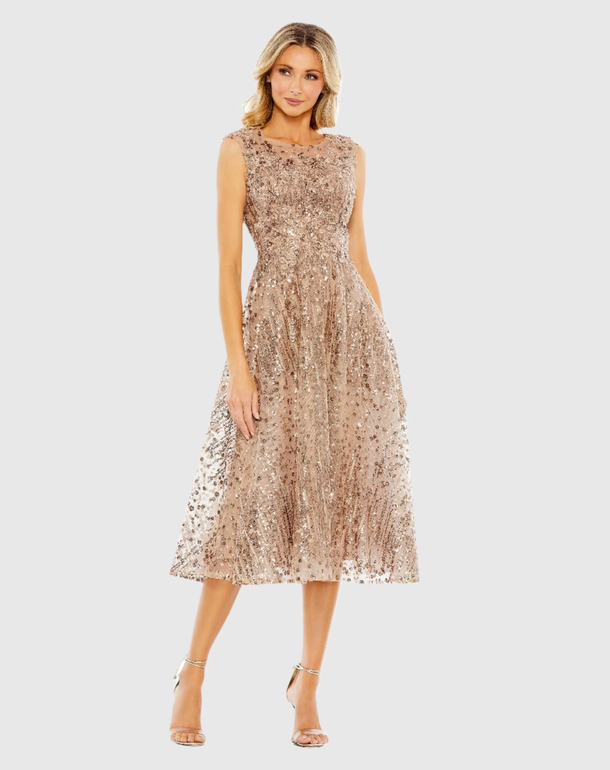 Gold Sequined Cap Sleeve Fit and Flare Dress