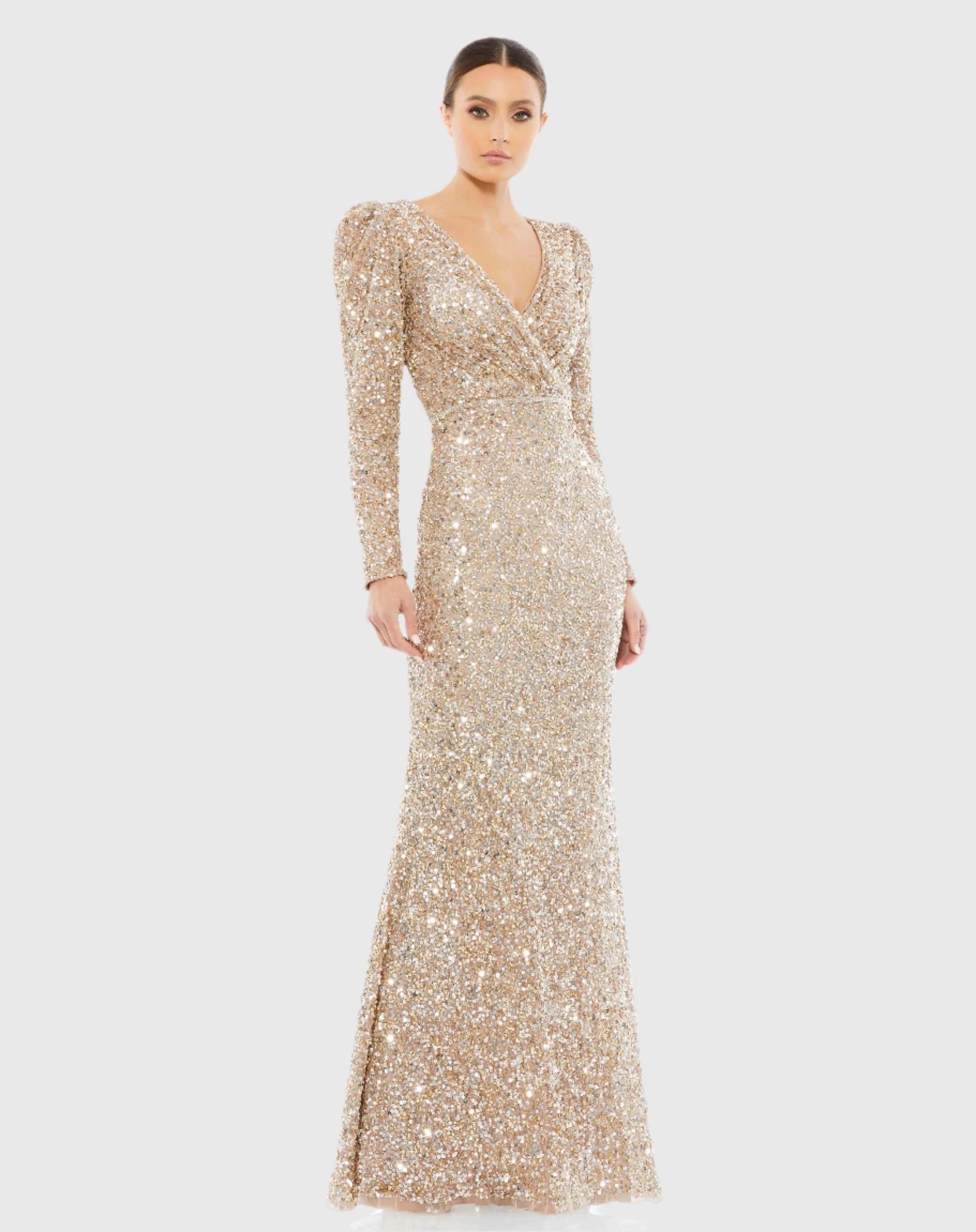 Gold Puff Shoulder Sequined Surplice Gown