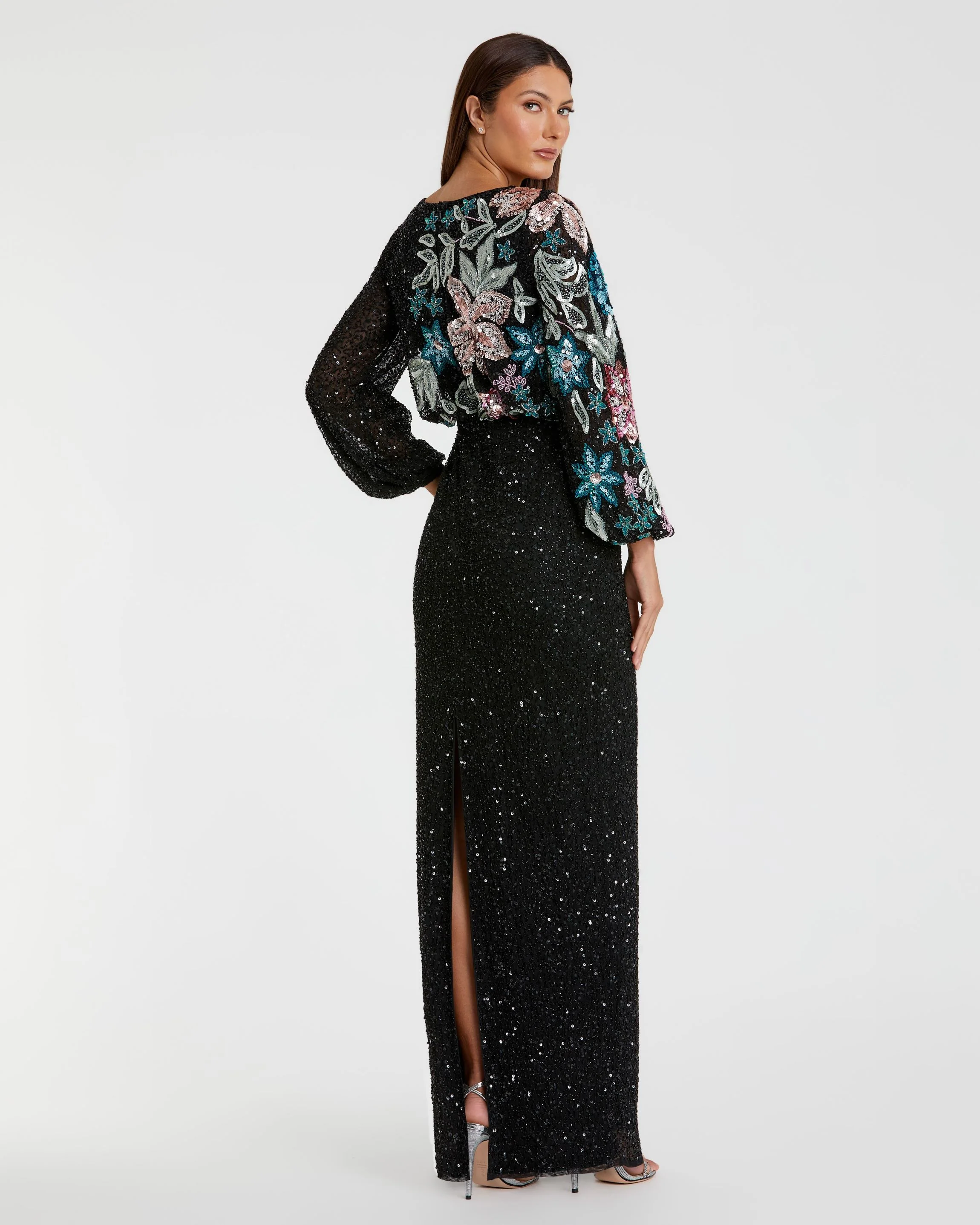 Black Embellished Floral High Neck Gown