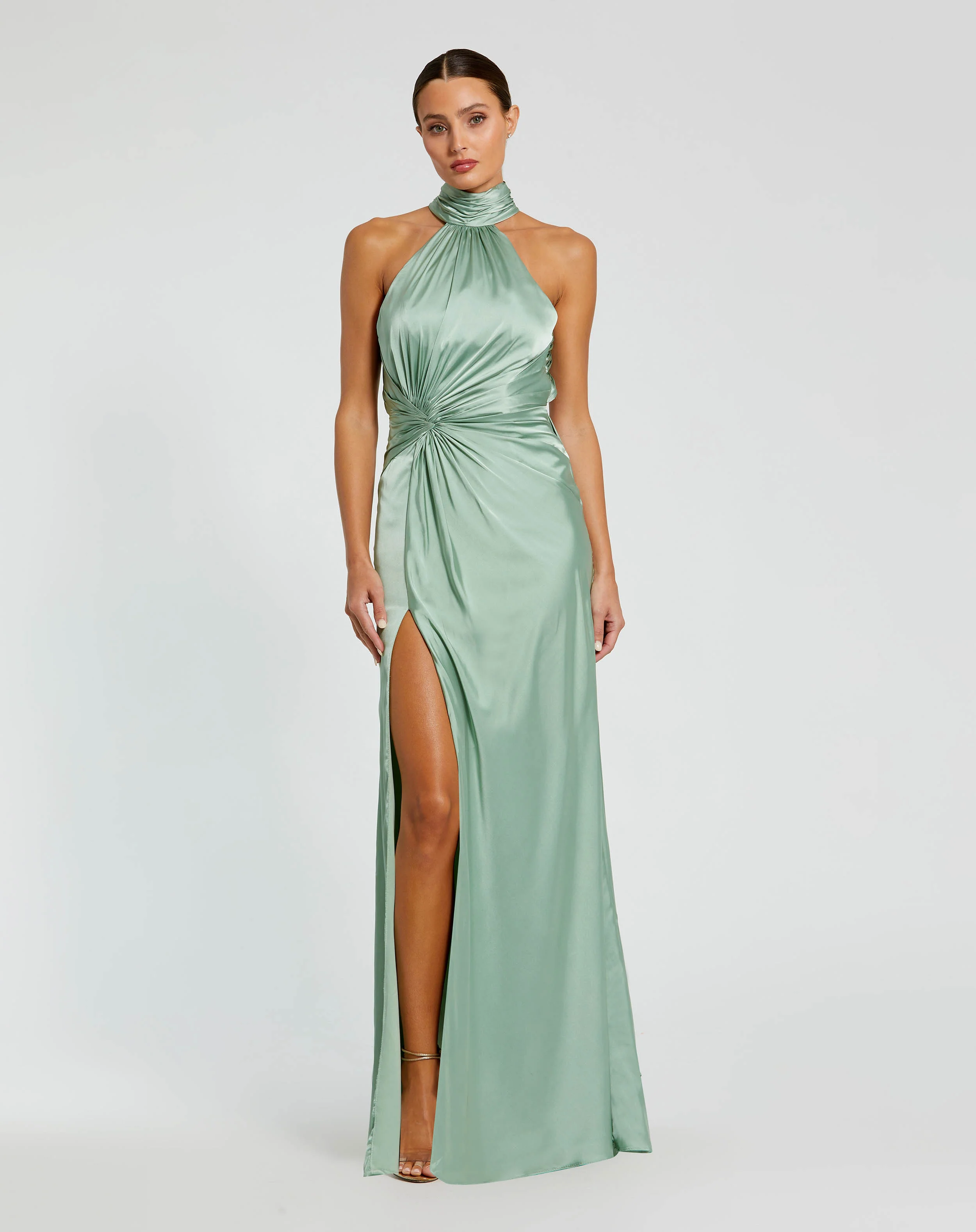 Green Open Back High Neck Side Ruched Gown