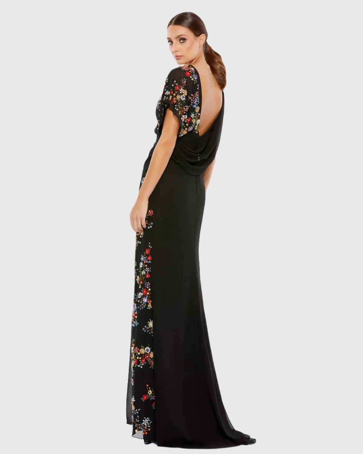 Black Faux Wrap Multi Colored Beaded Floral Gown