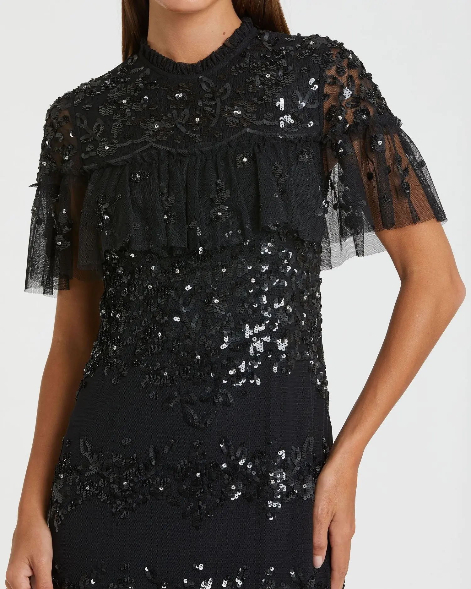 Black Sequined High Neck Ruffled Flutter Sleeve Midi Dress
