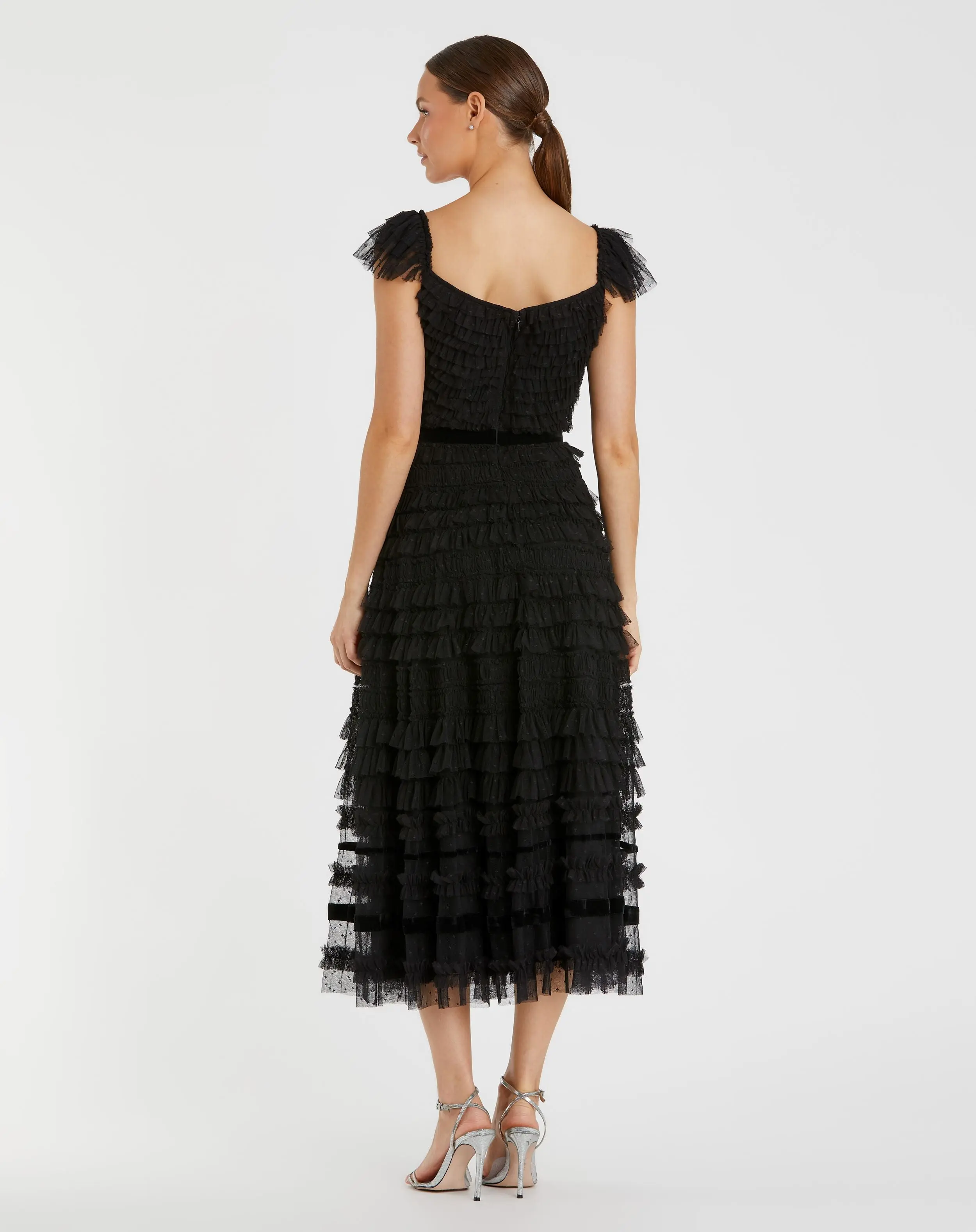 Black Ruffle Cap Sleeve Tiered Midi Dress