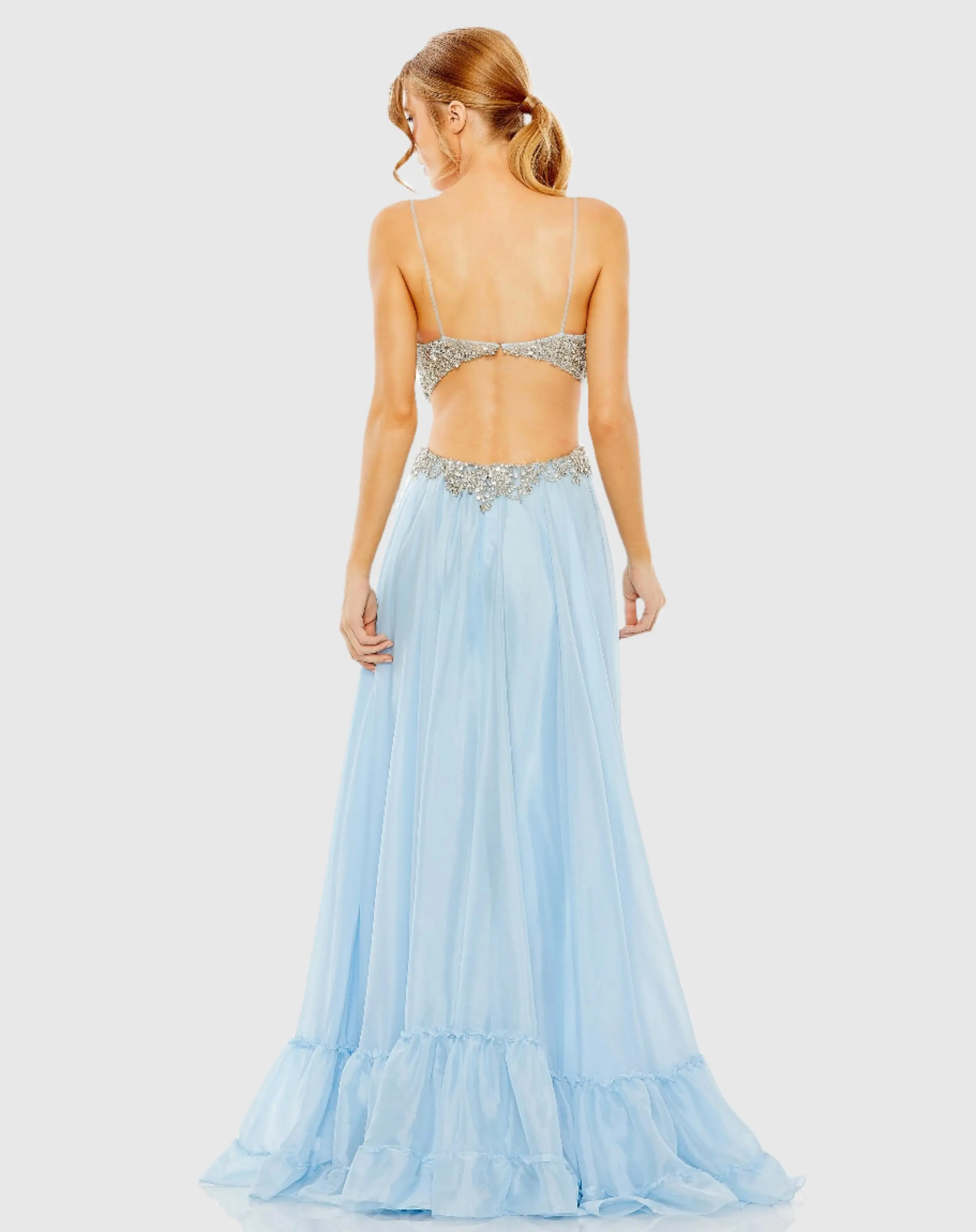 Blue Embellished Cut Out Open Back High Low Gown